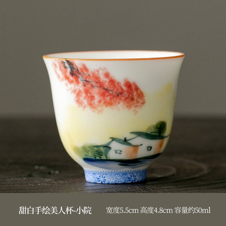 Hand-Painted White Porcelain Tasting Cups - 50ml Floral Fairy Design | Premium Dehua Ceramic Tea Cups for Tea Tasting, Japanese Tea Ceremony & Home Decor