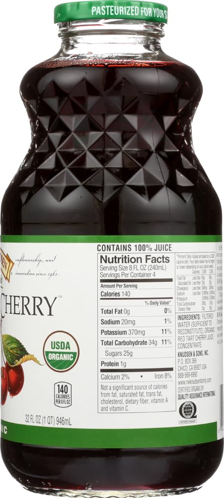 Organic Tart Cherry Juice by Knudsen - 32 fl.oz (Pack of 2) | 100% Pure, No Sugar Added | Perfect for Smoothies, Cocktails & Post-Workout Recovery