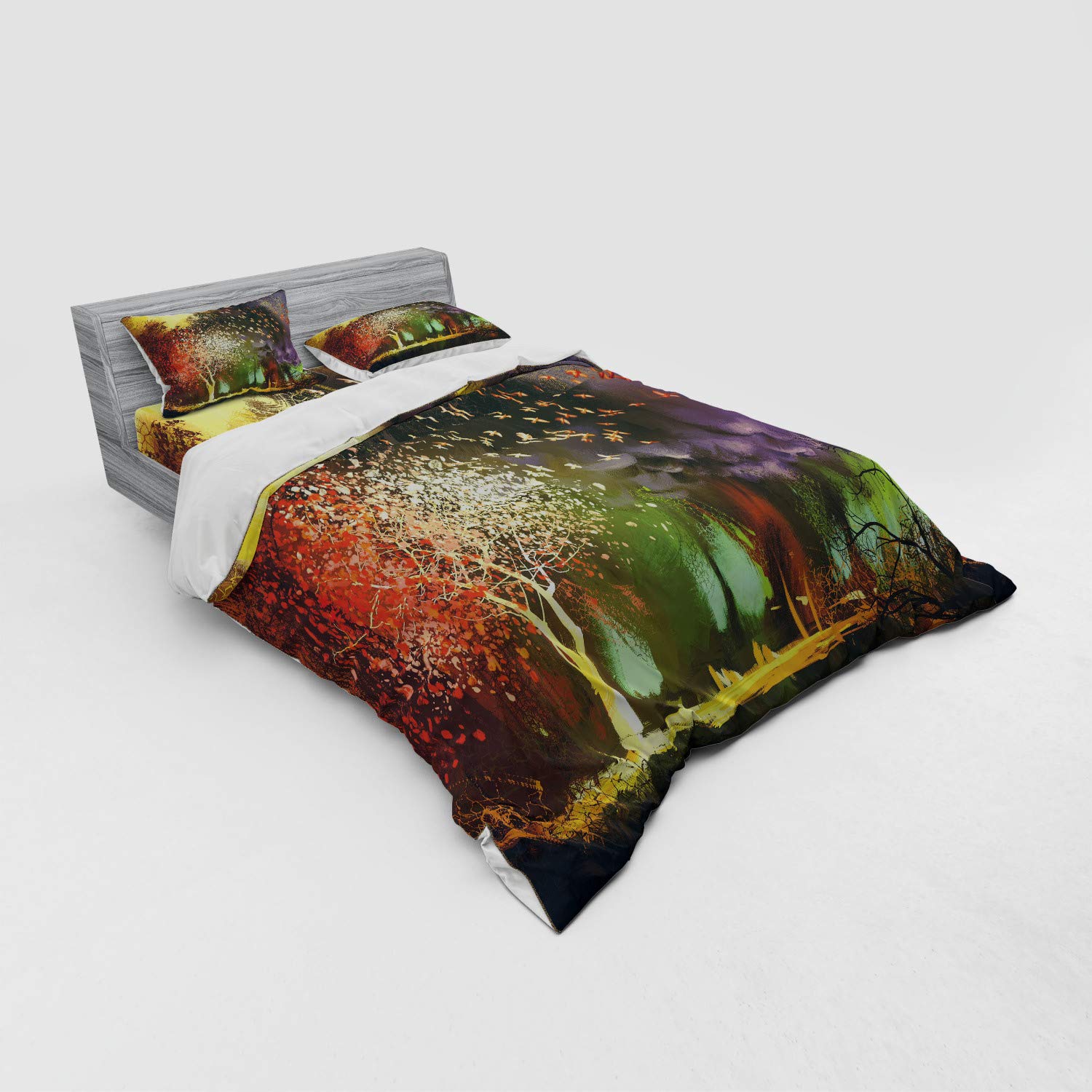 Ambesonne Fantasy Bedding Set - Queen Size 4-Piece Duvet Cover Set with Shams & Fitted Sheet, Mystical Forest Design with Trees & Birds in Yellow & Purple | Perfect for Bedroom Decor, Gift Ideas & Cozy Sleep