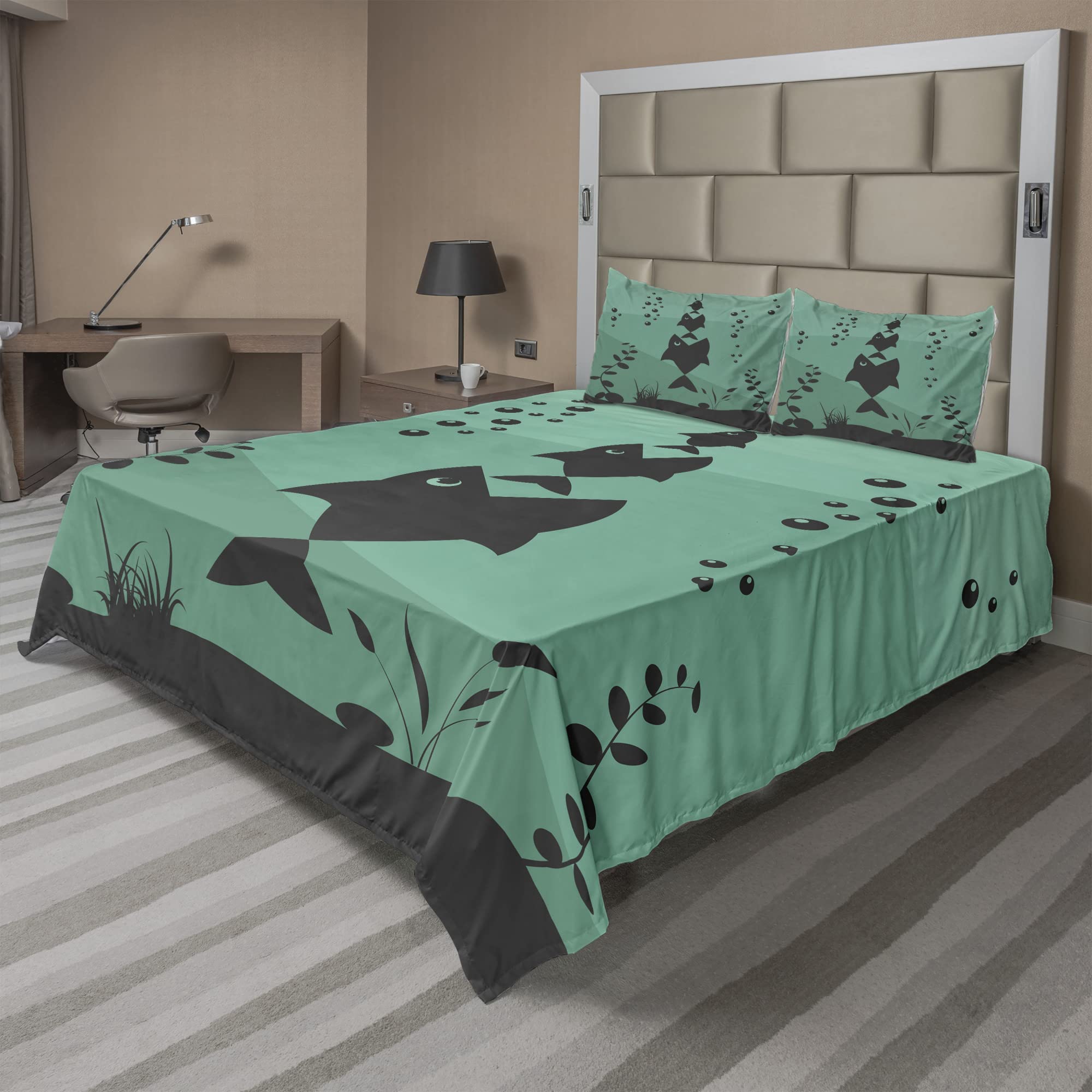 Ambesonne 4-Piece Fishing Themed Sheet Set - Big Fish Eats Small Fish Underwater Ocean Design, Full Size Fitted & Flat Sheets with Pillowcases, Teal Grey - Perfect for Beach House Bedrooms, Fishing Enthusiasts & Ocean Theme Decor