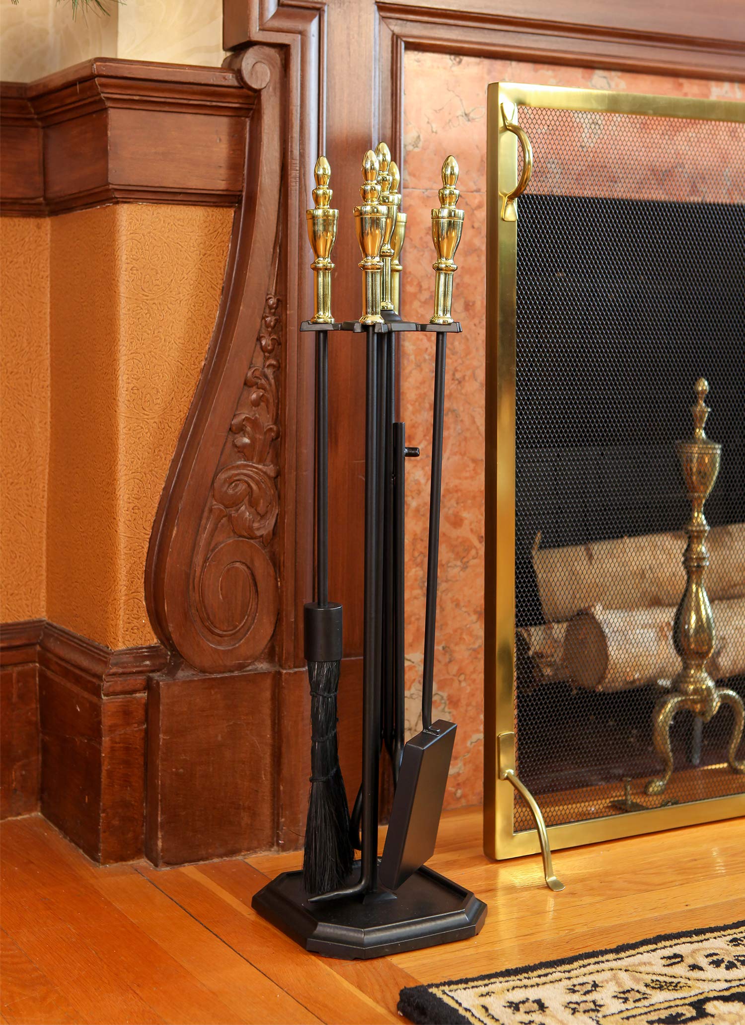 Westford Fireplace Tool Set - Polished Brass & Black Fireplace Accessories for Indoor & Outdoor Fire Pits, Fireplaces, and Wood Stoves
