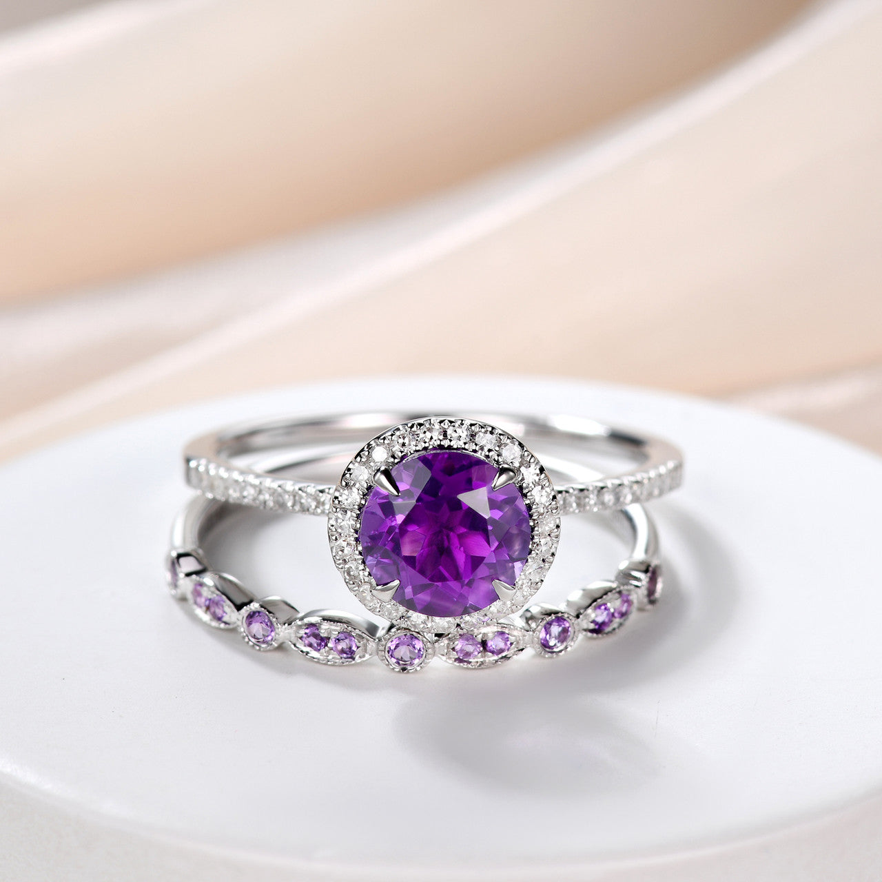 Amethyst Engagement Ring & Wedding Band Set - 14K White Gold with Diamonds, February Birthstone Jewelry Gift for Women, Anniversary, Promise, Valentine's Day - Perfect for Proposals, Weddings & Special Occasions