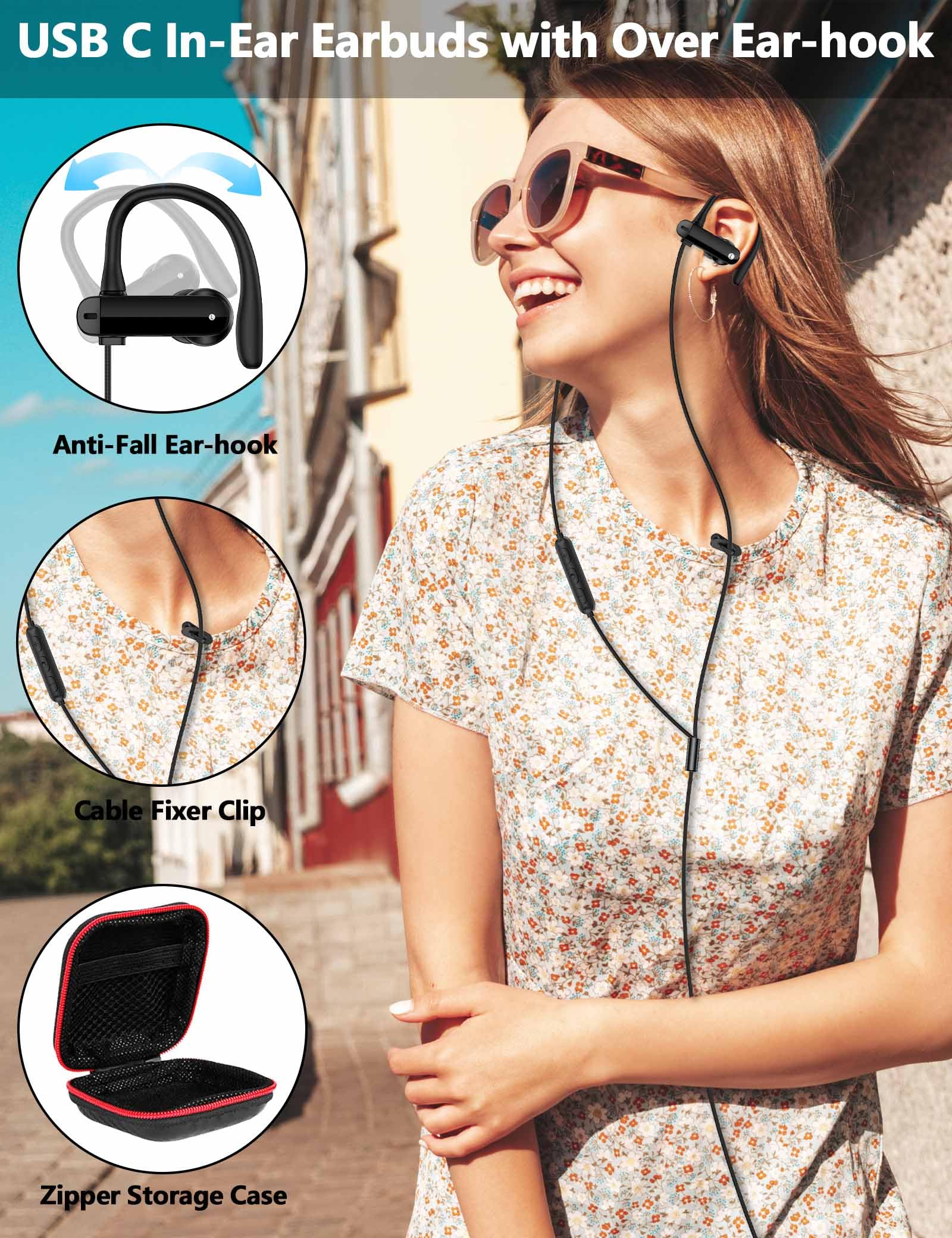 USB C Headphone Over-Ear Hook Wired Earbuds with Noise Canceling - Compatible with iPad, iPhone 16 Pro Max, Samsung Galaxy S24/S25/A Series & Pixel 9 - Perfect for Gaming, Work Calls & Online Classes