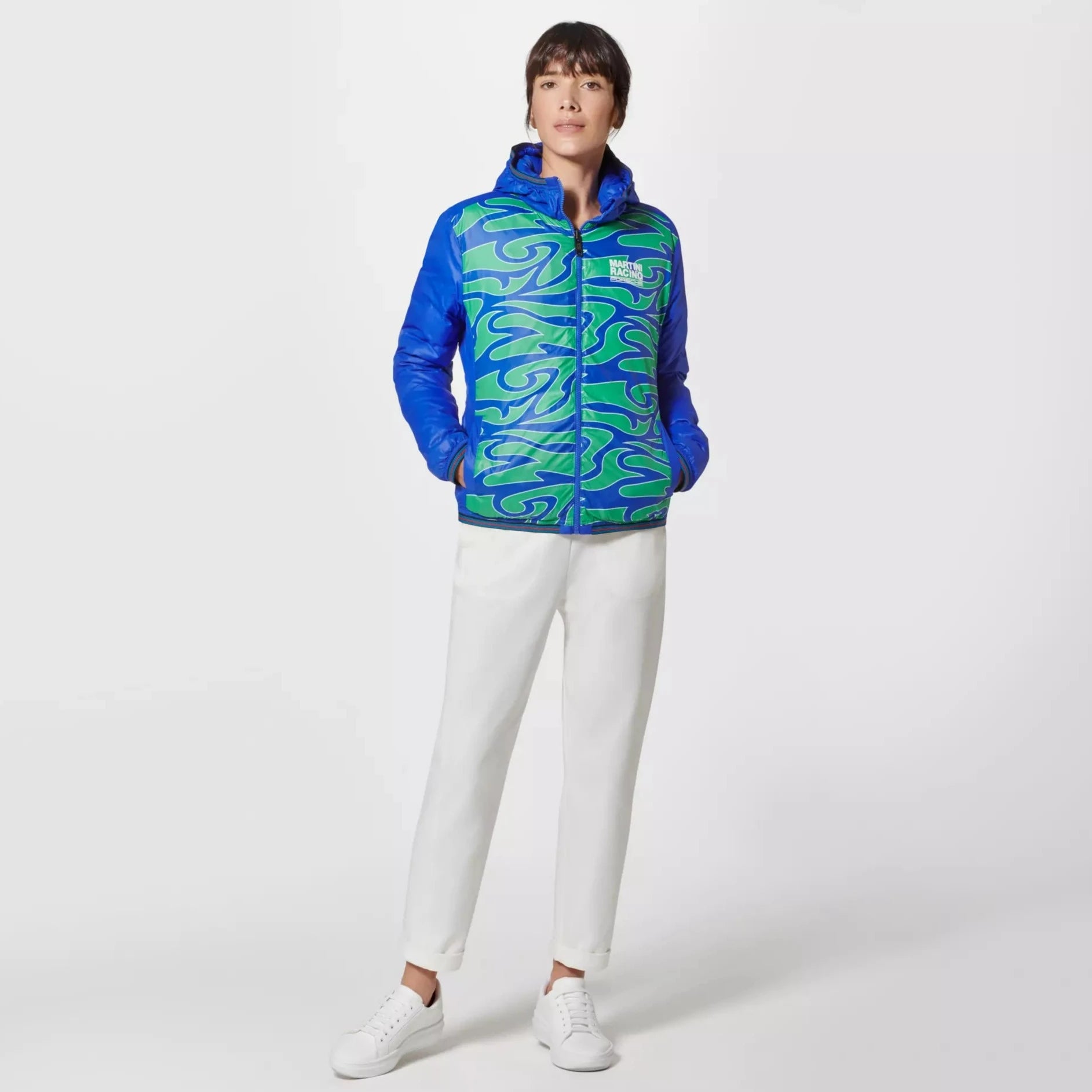 Porsche Women's Reversible Quilted Jacket - Martini Racing Design, Lightweight Winter Coat for Outdoor Activities, Fashionable Outerwear for Driving, Travel & Casual Wear