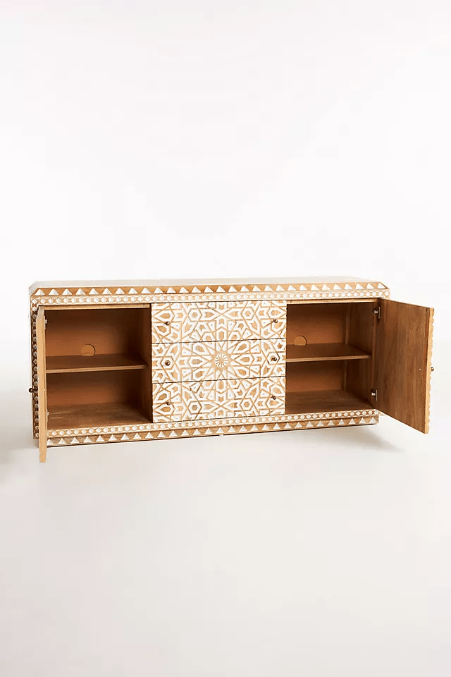 Hand Carved Albaran Buffet Table - Solid Wood Sideboard with Indian Design for Dining Room & Living Room Storage | Rustic Home Decor Furniture for Farmhouse & Traditional Style