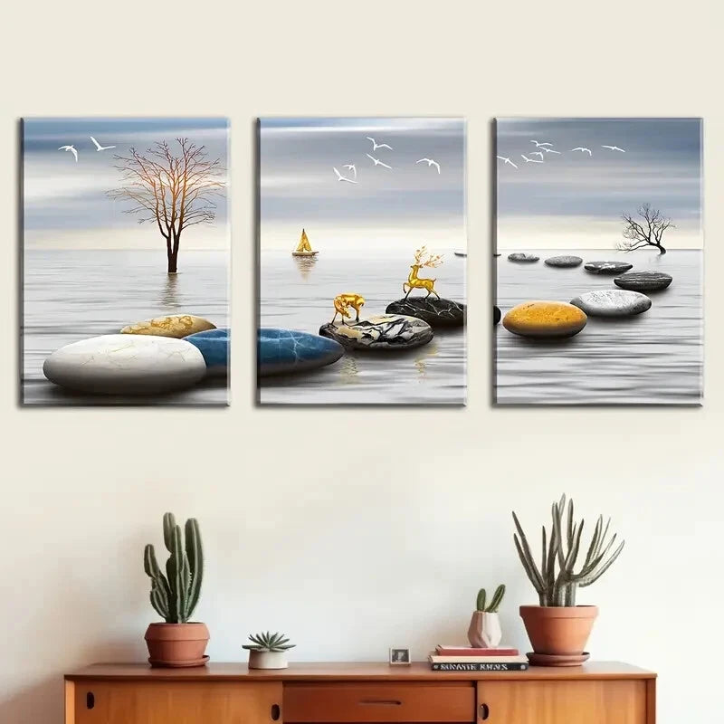 3-Piece Lake Abstract Animal Scenery Metal Wall Art - Ready to Hang Home Decor for Living Room, Bedroom & Office (16x24 Inches)