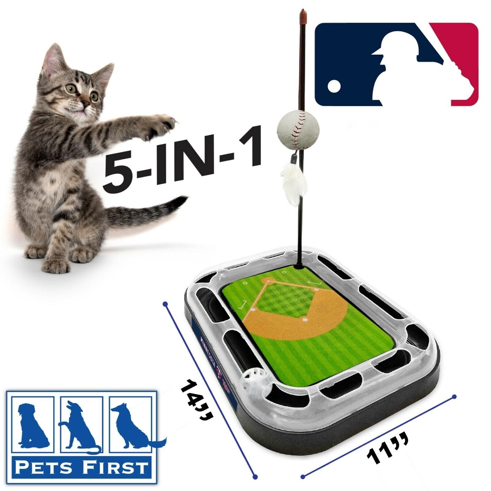 Minnesota Twins Baseball Field Cat Scratching Toy - 5-in-1 Interactive Cat Toy with Scratching Pad, Ball Bell, Catnip Plush Baseball & Feather Wand - Perfect for Playtime, Exercise & Stress Relief for Indoor Cats