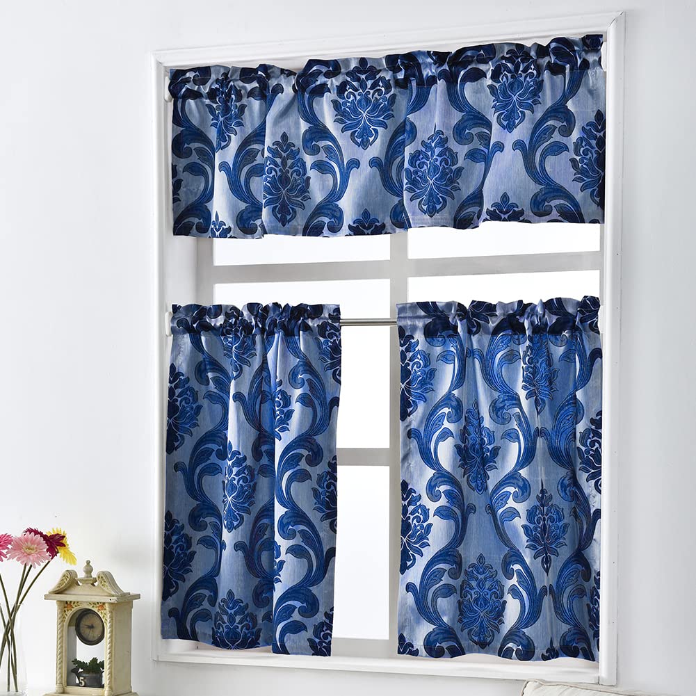 Navy Blue Jacquard Kitchen Curtains Set - 3 Piece Rod Pocket Valance & Tier Panels (36 Inch Length) for Small Windows - Perfect for Cafe, Bathroom & Farmhouse Style Decor
