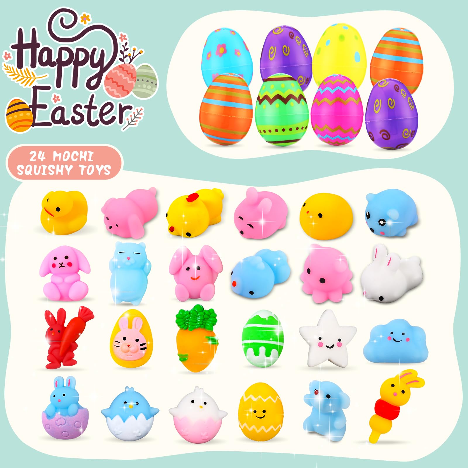24Pcs Mochi Squishy Toys - Easter Egg Hunt Basket Fillers, Stress Relief Sensory Toys for Kids, Easter Party Favors & Classroom Prizes - Perfect for Easter Celebrations, Birthday Gifts and Sensory Play Therapy