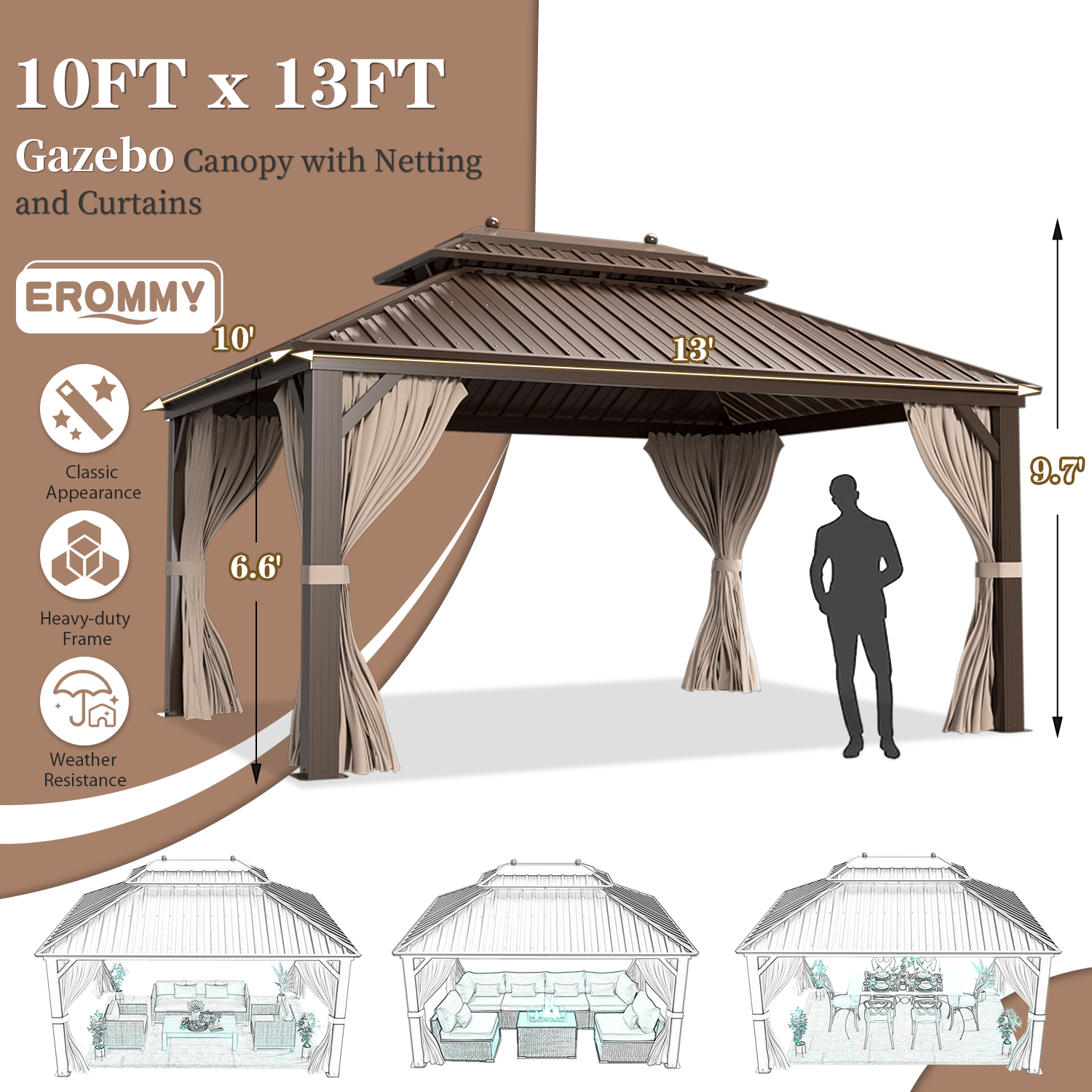EROMMY 10' x 13' Hardtop Gazebo Canopy - Outdoor Aluminum Gazebo with Galvanized Steel Double Roof, Includes Curtains & Netting (Brown) - Perfect for Patio, Garden, Backyard & Outdoor Entertaining