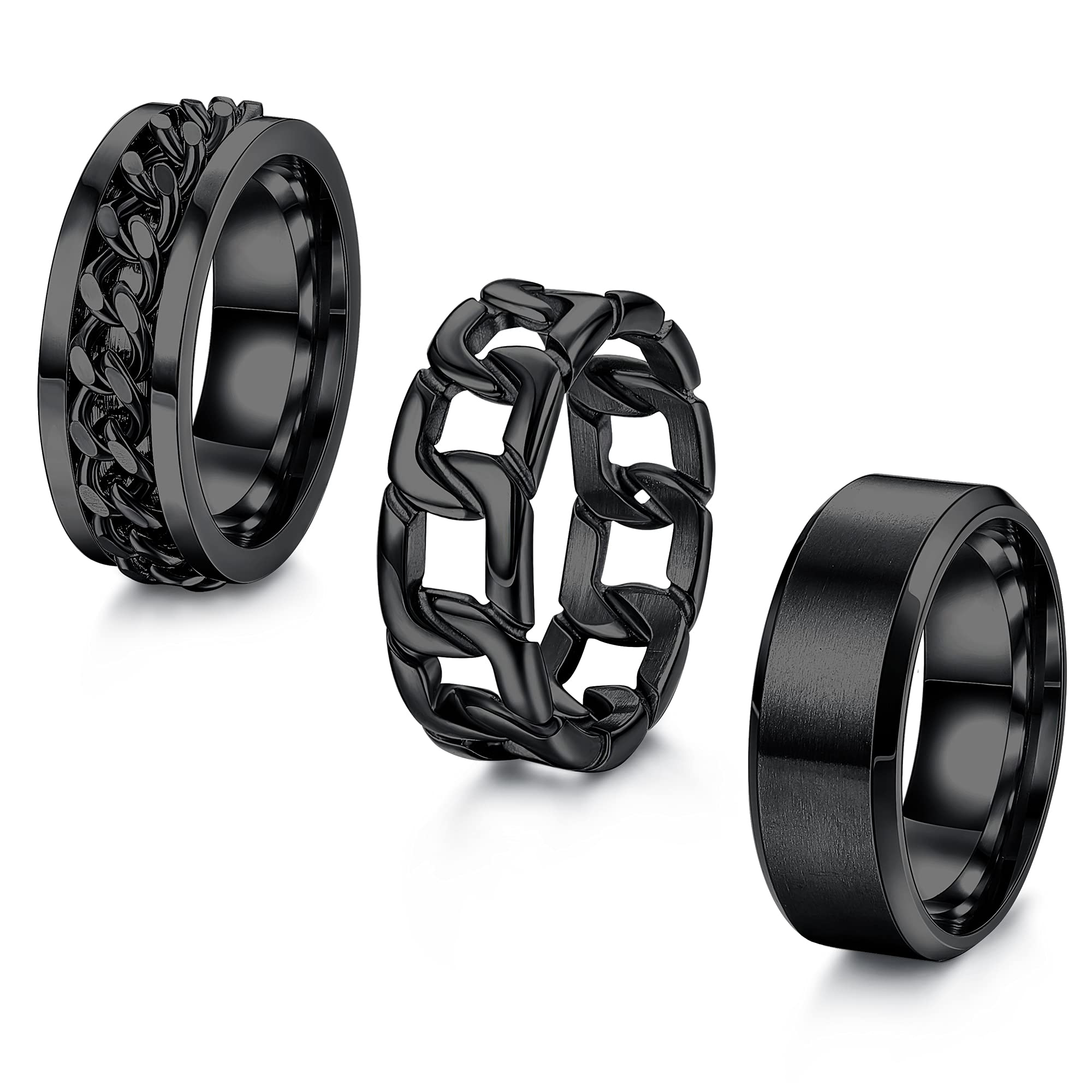 ORAZIO 3Pcs Stainless Steel Rings for Men & Women - Silver Plain Band, Cuban Link Chain & Spinner Ring Set - Size 6-14 - Wedding, Promise & Fashion Jewelry - Perfect for Gifts, Anniversaries & Everyday Wear