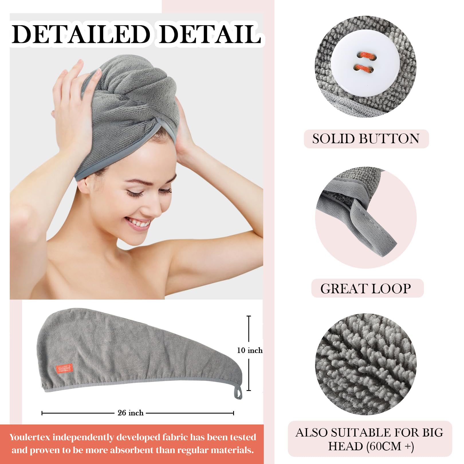YoulerTex 2-Pack Microfiber Hair Towel Wrap - Super Absorbent Quick Dry Hair Turban for Women & Girls with Curly or Long Wet Hair - Anti-Frizz Plopping Towel for Salon & Home Use (Haze Blue)