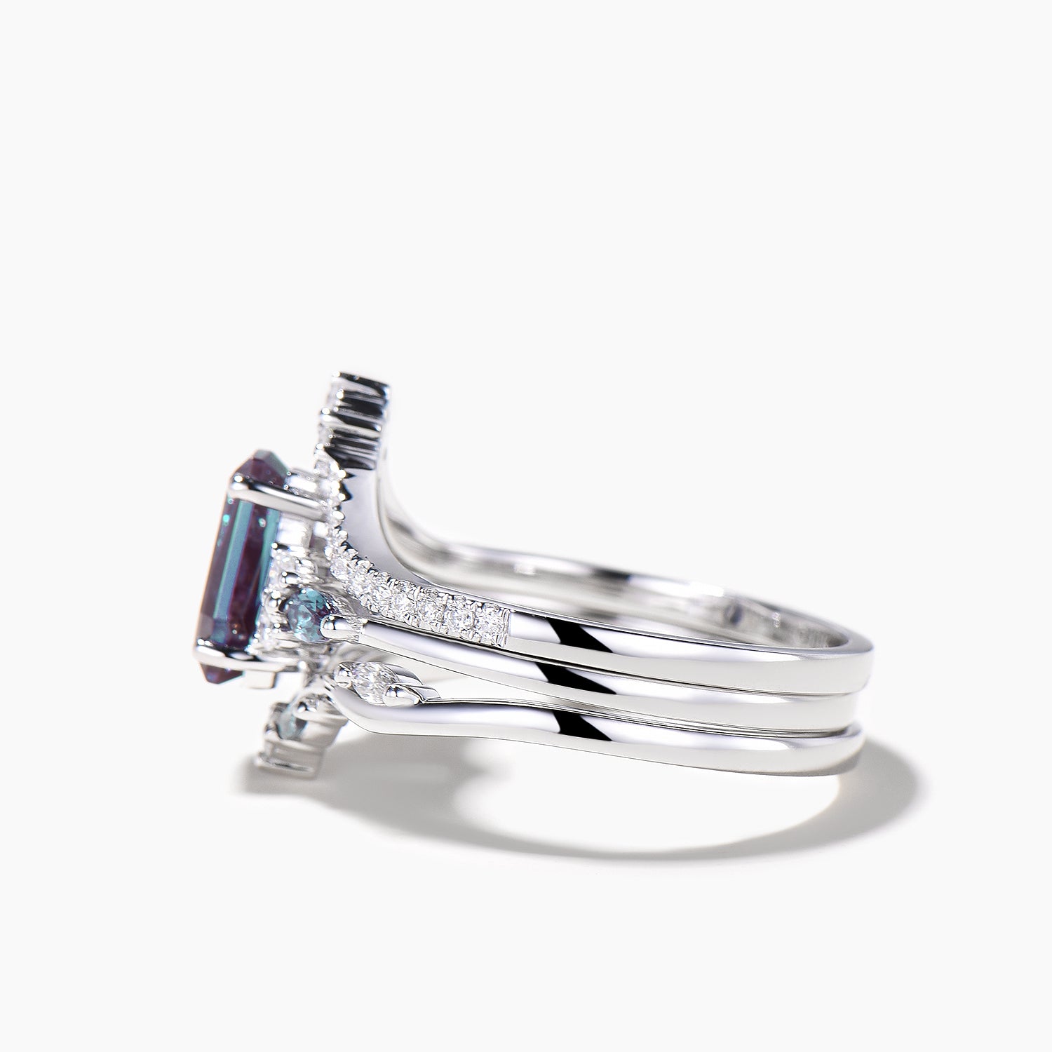 3pcs Coffin Cut Color Changing Alexandrite Diamond Wedding Ring Set for Brides – Perfect for Engagement, Anniversary & Special Occasions