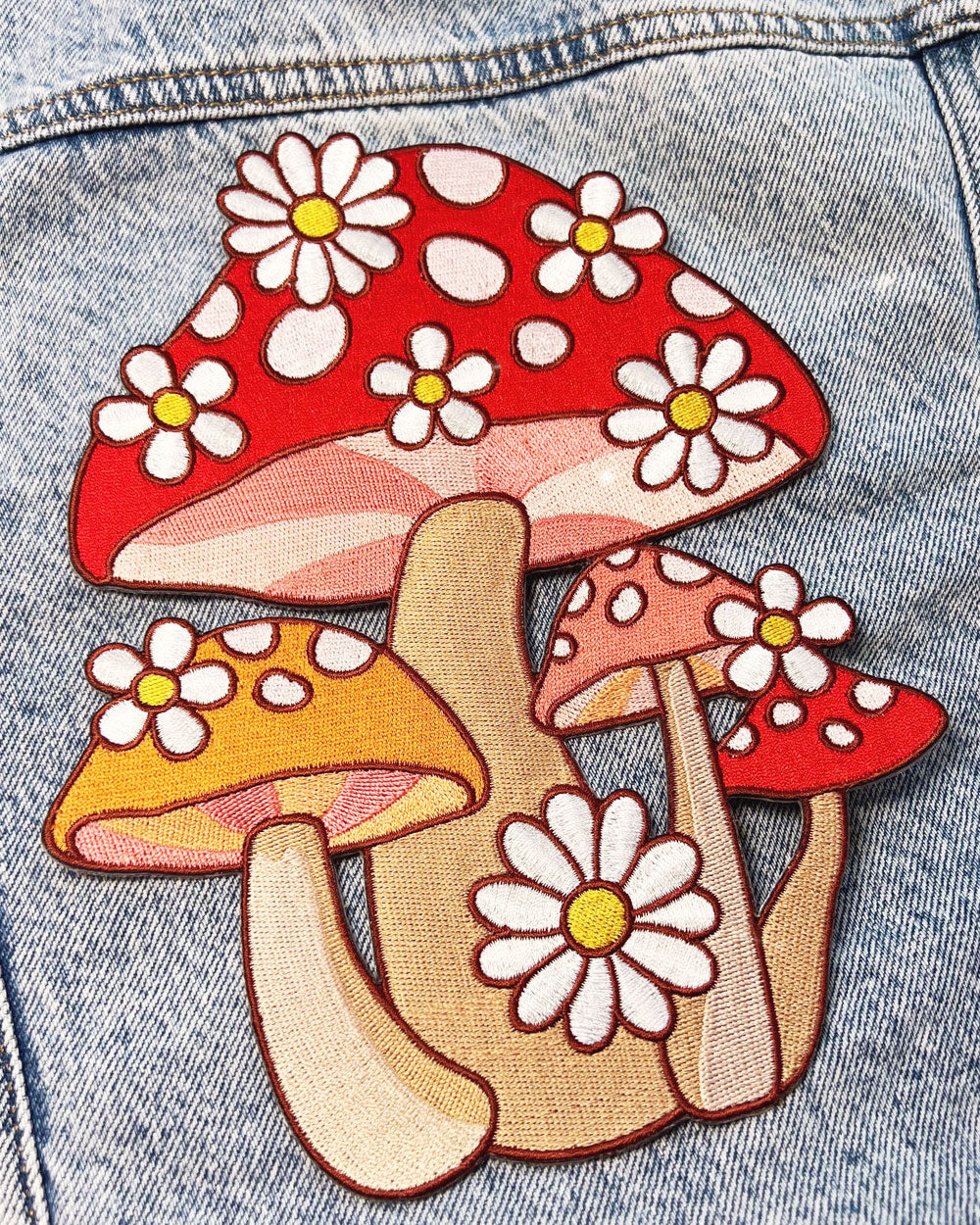 Large Mushroom & Daisy Cluster Embroidered Back Patch for Jackets, Vests & Bags – Perfect for DIY Fashion & Biker Style
