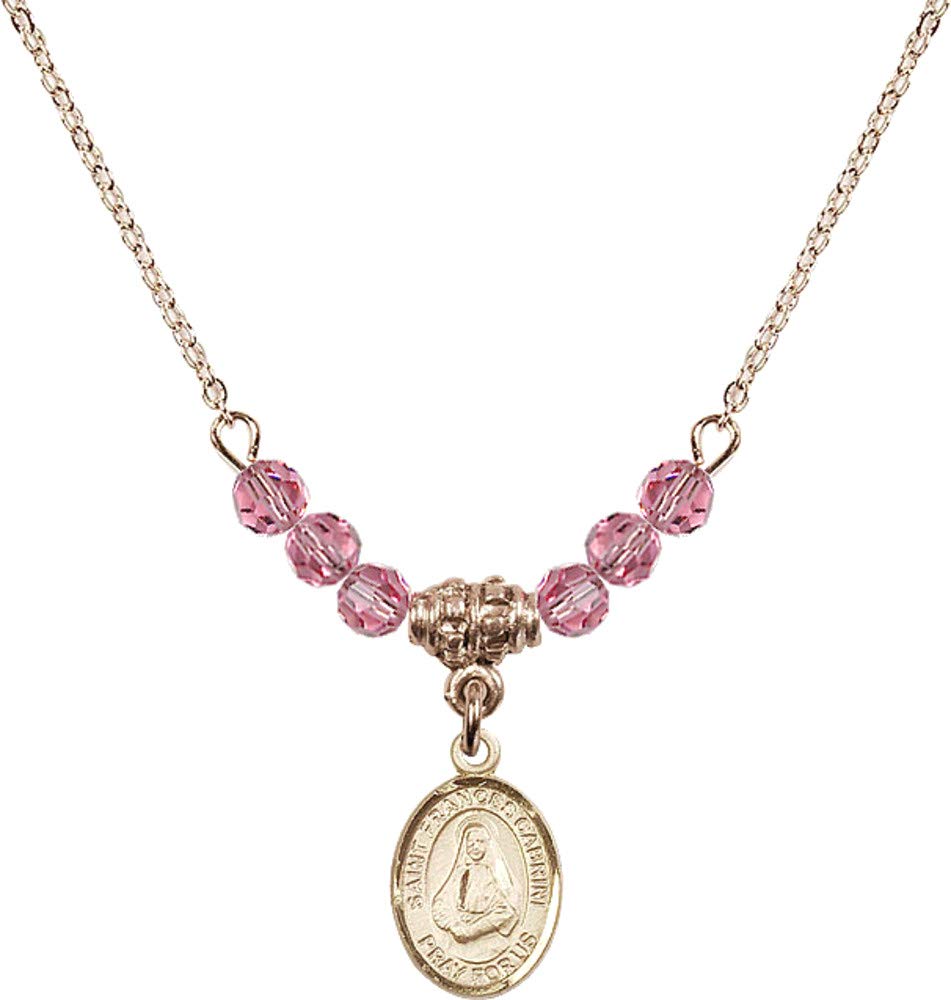 Bonyak 18 Inch Gold Plated Hamilton Necklace with 4mm Rose Pink October Birthstone Beads & Saint Frances Cabrini Charm - Perfect Gift for Birthdays, Anniversaries, and Religious Occasions