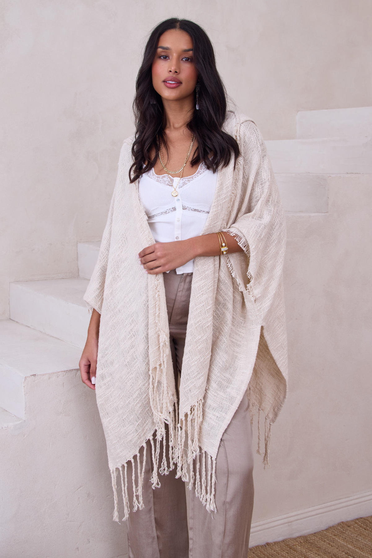 Lightweight Cotton Fringed Kimono Cover Up - Beachwear, Poolside, Summer Vacation & Boho Fashion Outfit