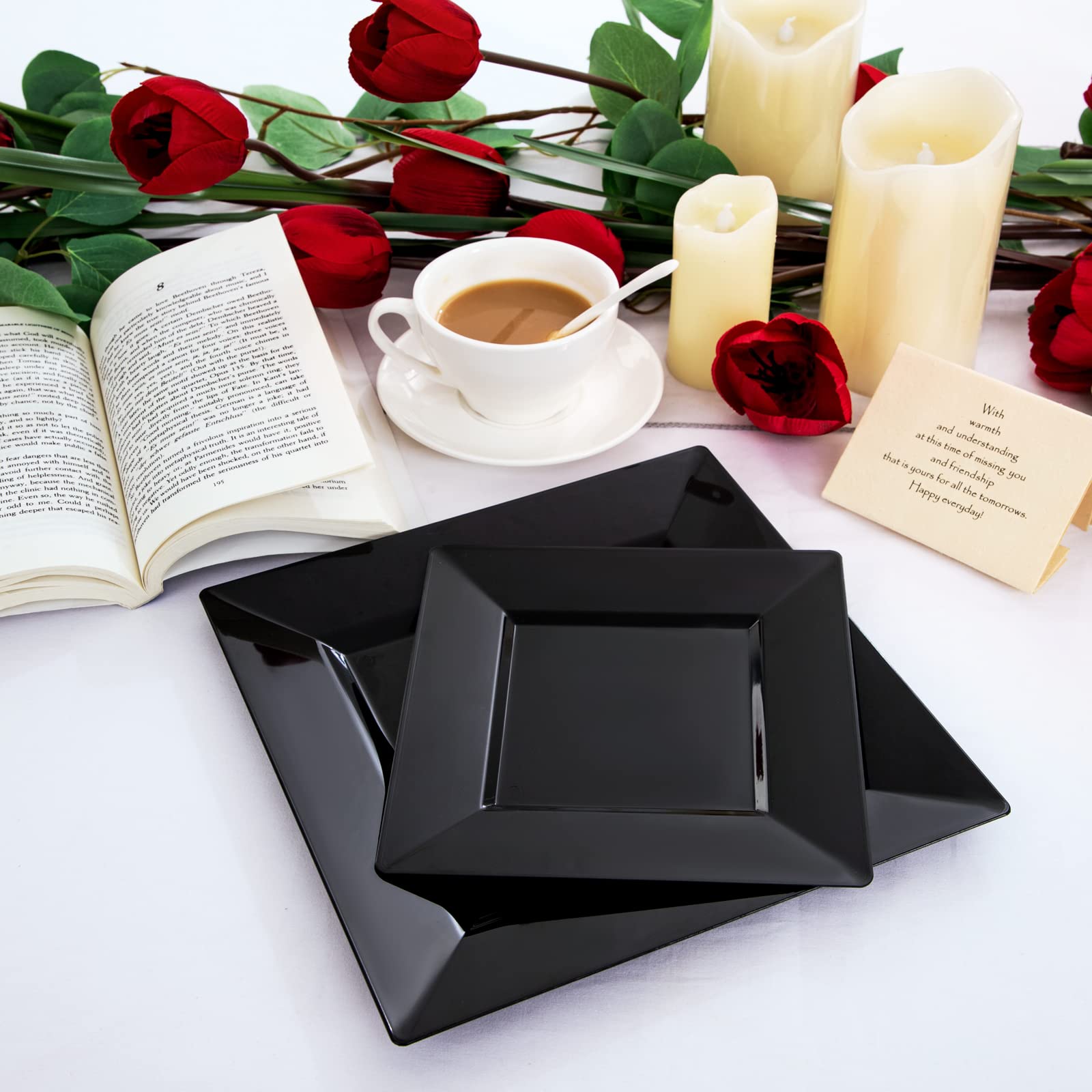 Liacere 60-Pack Black Plastic Plates - Premium Square Disposable Plates Set (30PCS 9.5