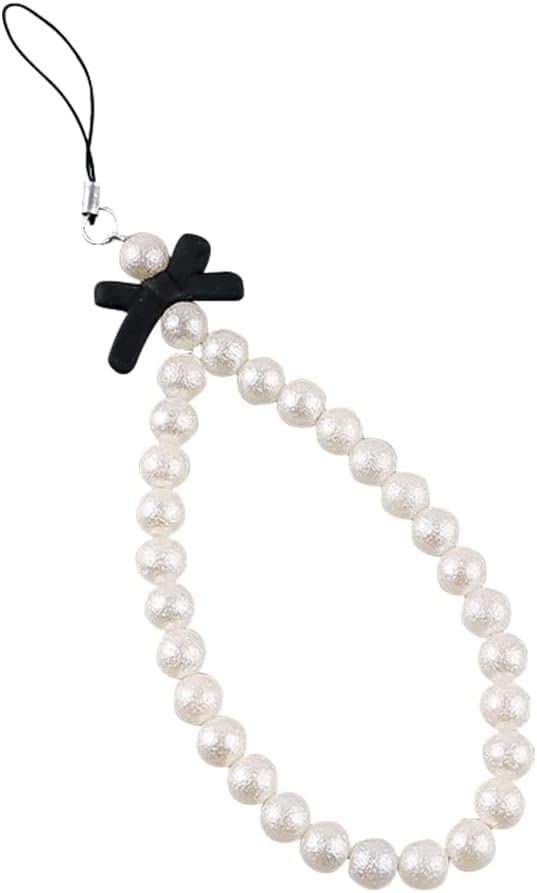 Fashionable White Pearl Beaded Phone Lanyard with Black Bow - Universal Anti-Lost Wrist Strap for Mobile Phones, Keychains & Wallets - Elegant Women's Accessory for Work, Travel & Daily Use