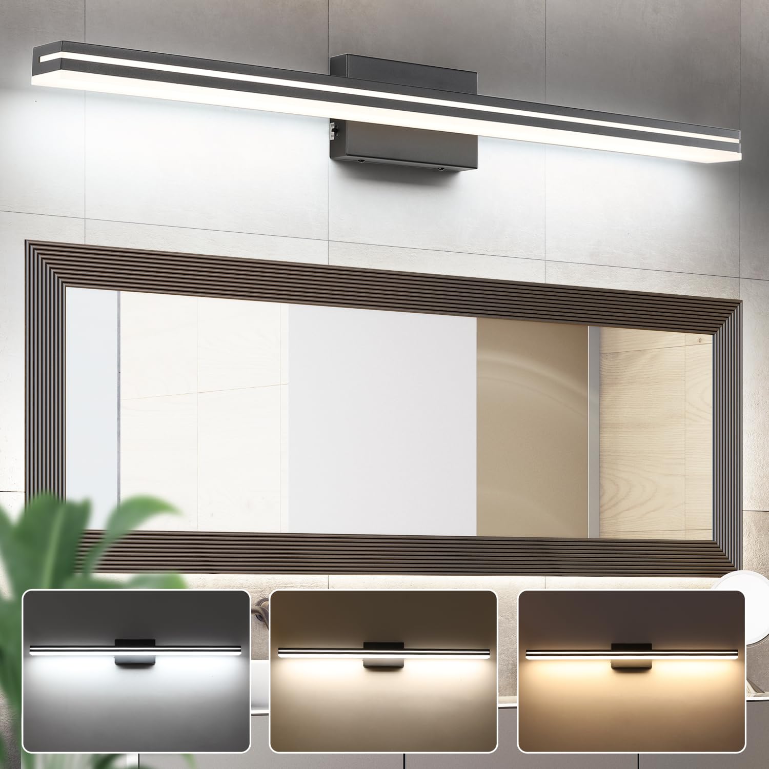 SineRise 40-Inch LED Bathroom Vanity Light Bar - Dimmable Matte Black Modern Lighting Fixture with Acrylic Shade (3000K/4000K/6000K Color Options) - Perfect for Bathroom Mirror Lighting, Vanity Makeup Area & Contemporary Home Decor
