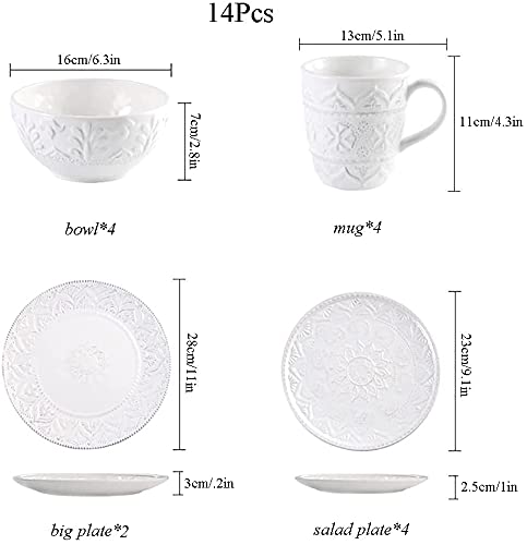 14-Piece White Ceramic Dinnerware Set with Retro Floral Embossing - Plates, Bowls & Mugs for Family Dining | Elegant Underglaze Tableware for 4 People | Perfect for Dinner Parties, Restaurants & Home Decor