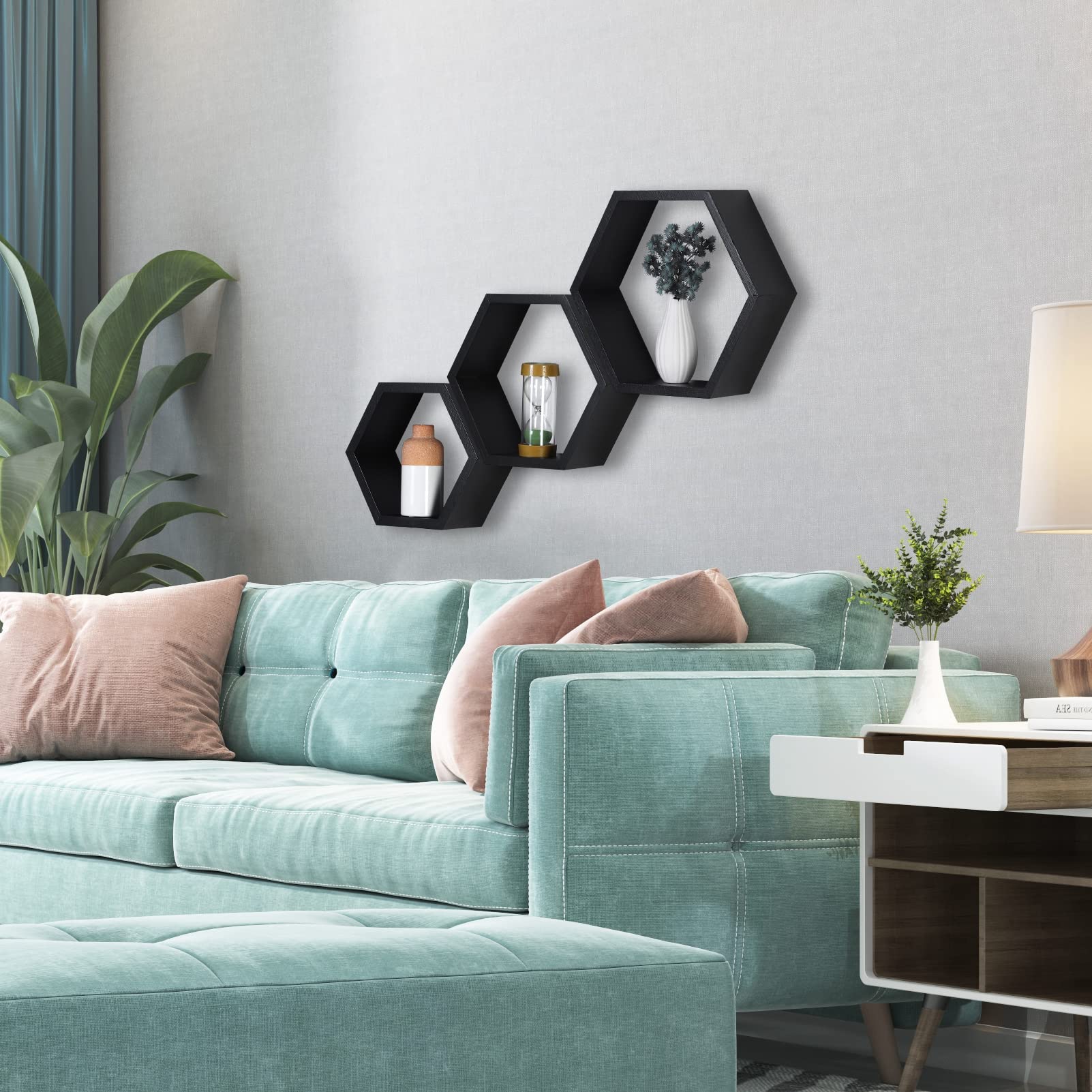 PHOENANCEE Hexagon Floating Shelves Set of 3 - Honeycomb Wall Shelves for Bathroom, Kitchen, Bedroom & Living Room | Farmhouse Style Wooden Wall Storage Shelves | Perfect for Home Decor, Organizing Essentials & Displaying Decorations