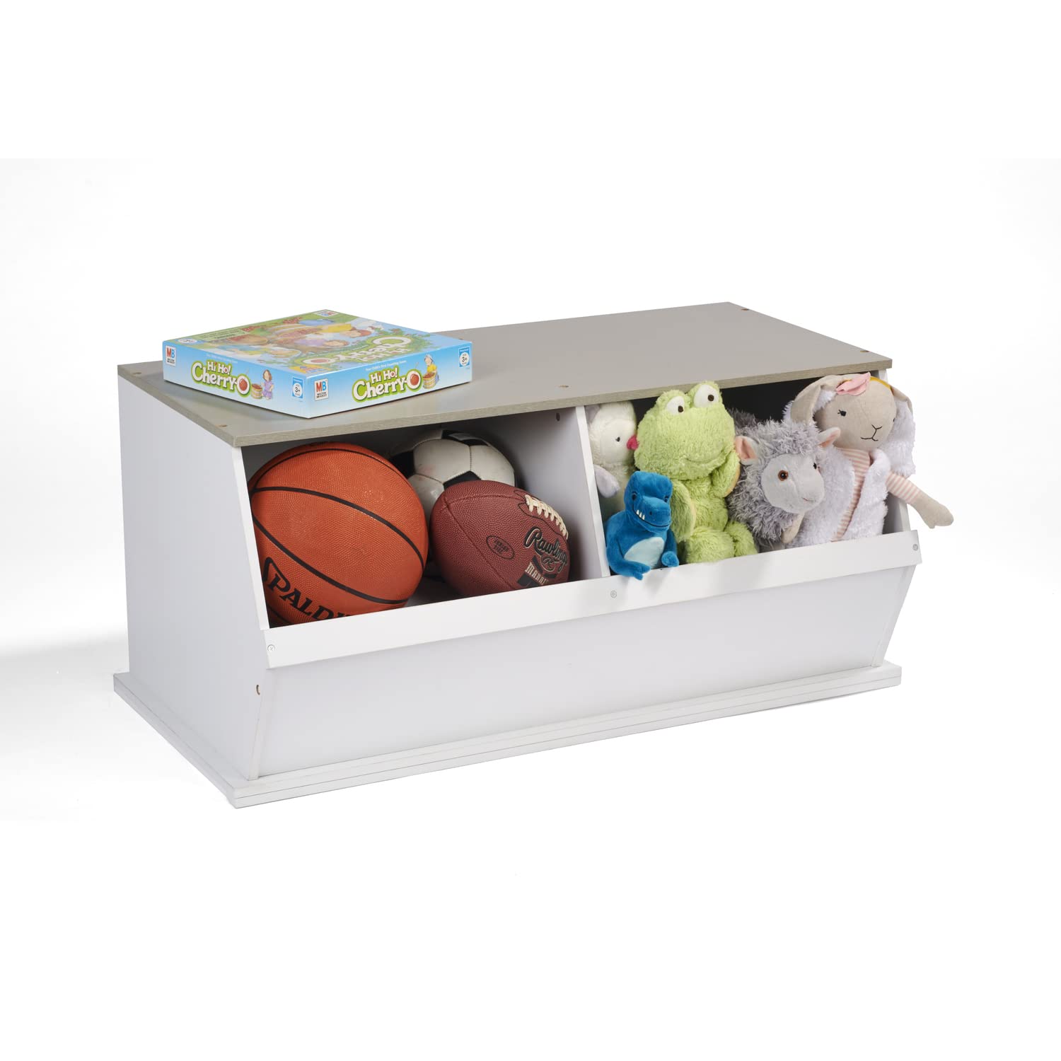 Badger Basket Two Bin Stackable Toy Storage Organizer - White/Gray Woodgrain for Kids Room, Nursery & Playroom Organization
