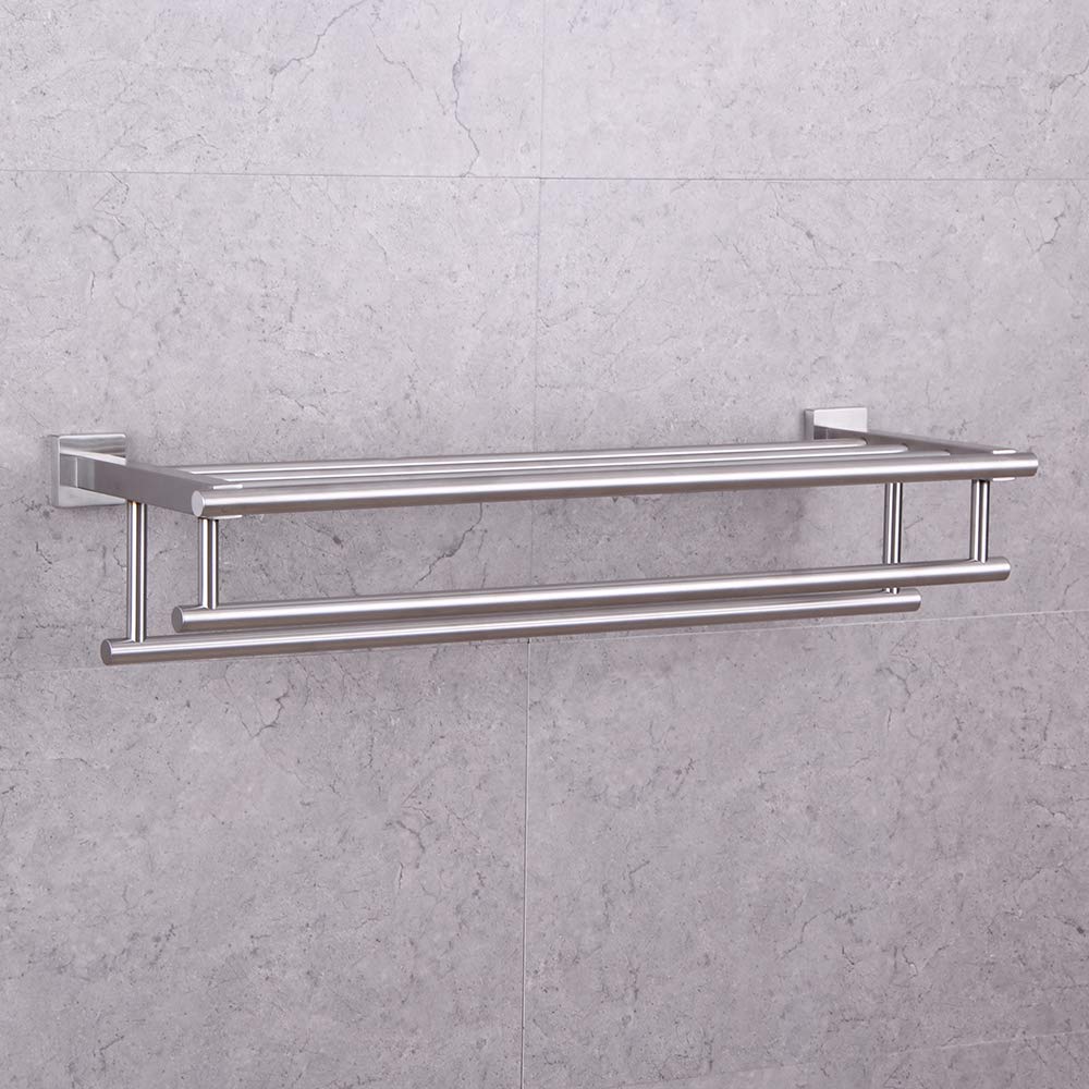 GERZWY 24-Inch Stainless Steel Bathroom Towel Rack with Double Bars - Wall Mounted Shelf Holder for Bath Towels & Hand Towels - Brushed SUS 304 Finish (AG1602B-LS) - Perfect for Modern Bathrooms, Spas & Powder Rooms