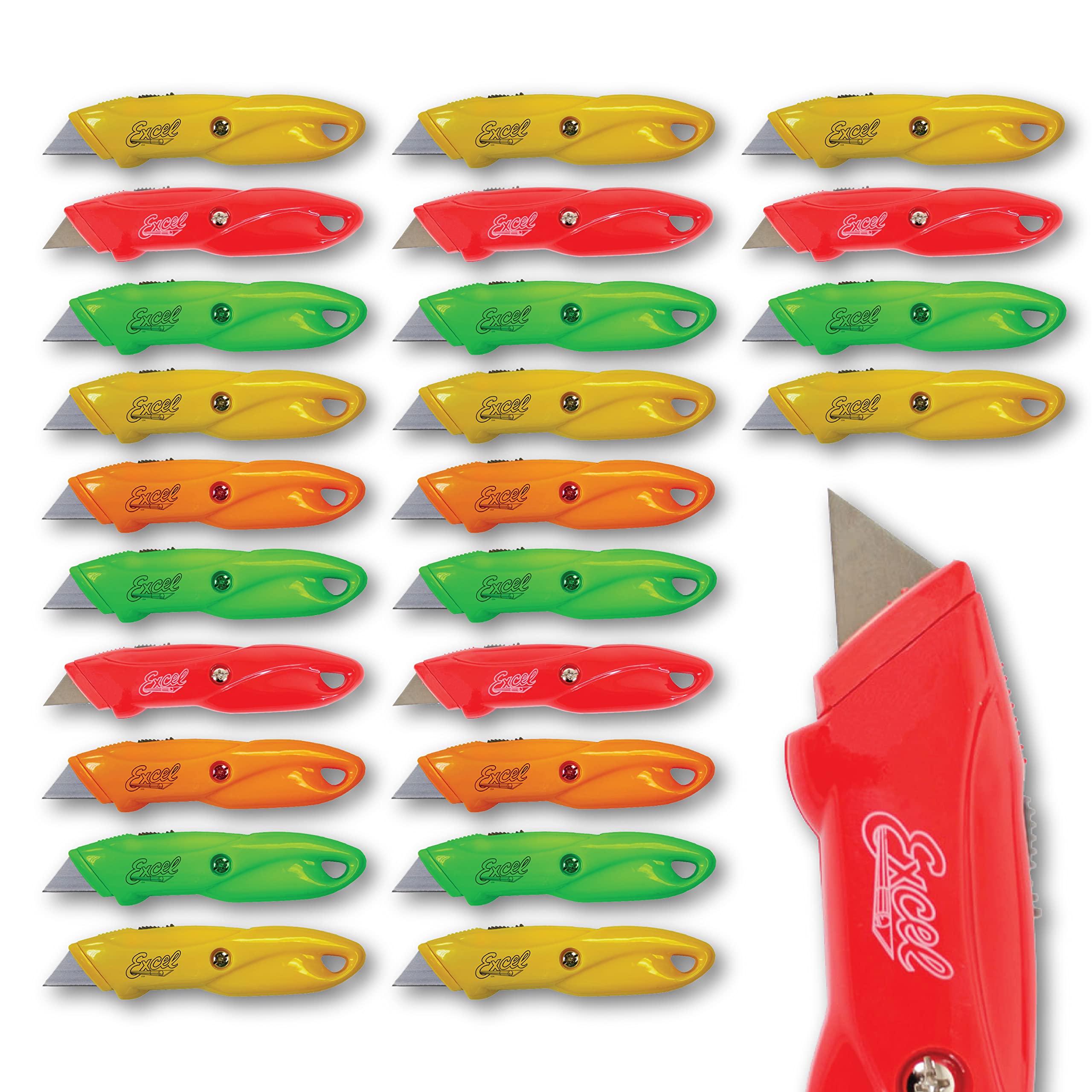 Excel Blades Retractable Box Cutters - 25-Piece Bulk Pack for Shipping, Warehouse & Home Use - Heavy Duty Utility Knives for Cutting Cardboard, Cartons, Packages - Assorted Colors (Office, Moving, DIY Projects)