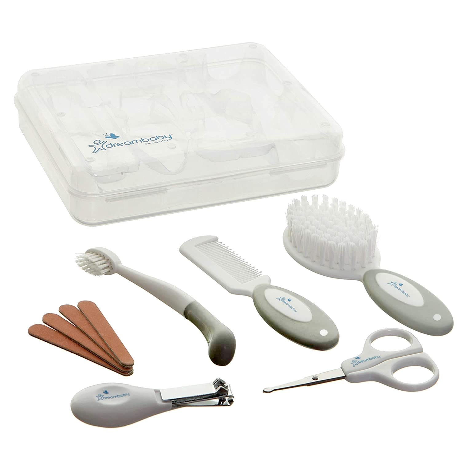 Dreambaby Essential 10-Piece Baby Grooming Kit - Newborn Safety Care Set with Soft Brush, Gentle Comb, Baby Toothbrush, Nail Clippers, Nail Scissors, Emery Boards & Storage Case - Perfect Baby Shower Gift for New Parents