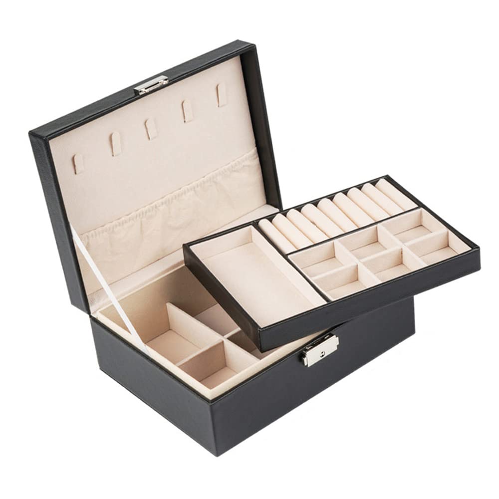 Freebirdly Jewelry Travel Organizer Box for Women - PU Leather 2 Layer Large Capacity Storage Case for Necklaces, Rings & Earrings - Perfect Gift for Girlfriend, Wife or Daughter - Black (Ideal for Travel, Home Storage & Organization)