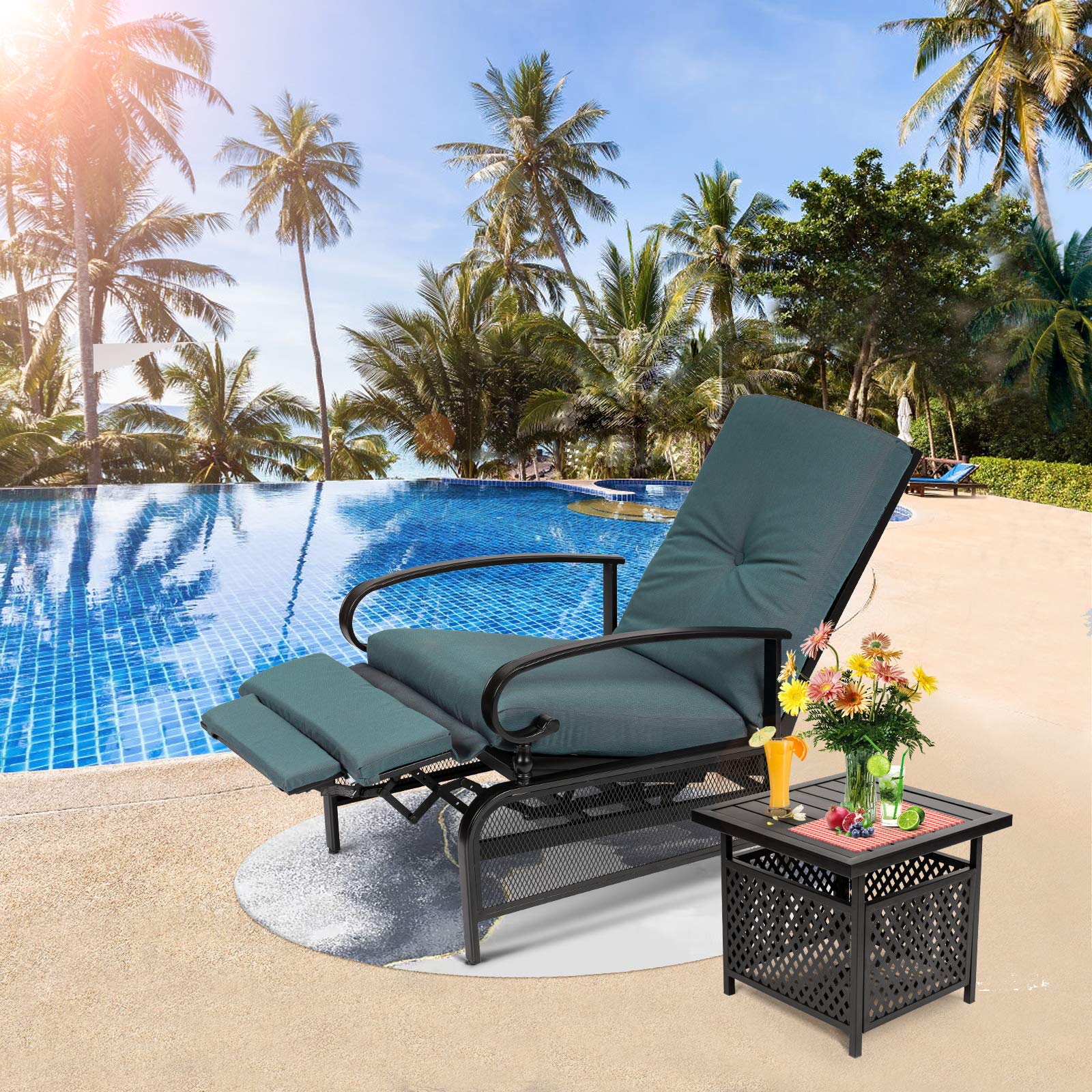 Oakcloud Adjustable Outdoor Lounge Chair Set - Metal Patio Recliner with Bistro Table & Removable Cushions (Peacock Blue) - Perfect for Poolside, Garden, Backyard Relaxation