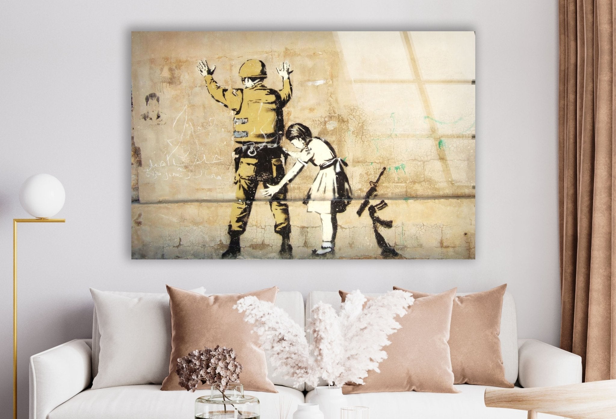 Banksy Girl Frisking Soldier Glass Wall Art - Stunning Home Decor for Living Room, Office & Gifts | Modern Framed Glass Print