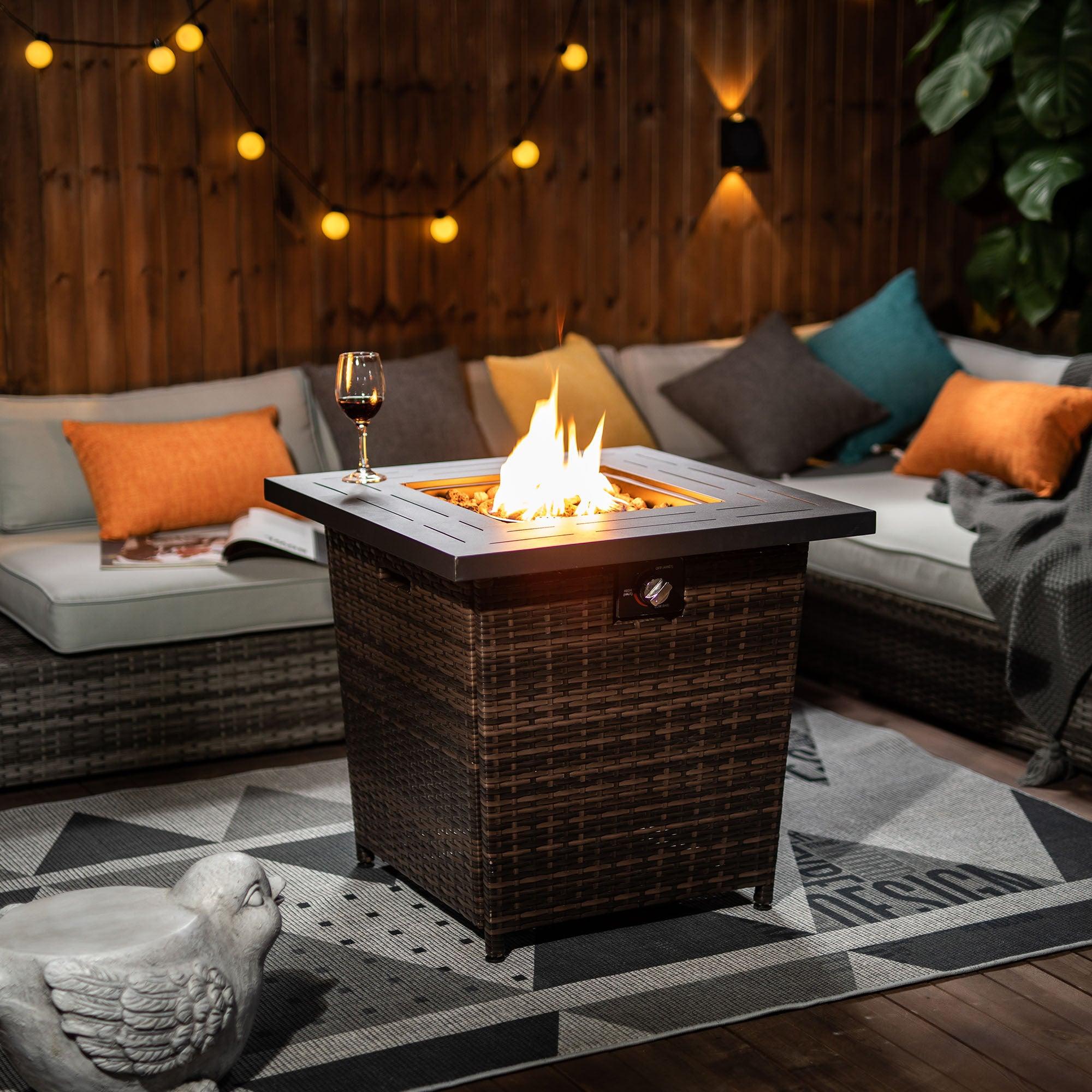 28 Inch Square Wicker Fire Pit Table - Outdoor Patio Heater for Backyard, Garden, and Deck - Perfect for Camping, BBQ, and Relaxing Evenions