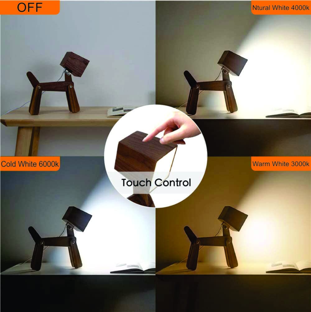 Adjustable Wooden Dog Table Lamp - Dimmable Touch Control, Warm White Light for Kids Room, Bedroom, Study & Office | Unique Animal Night Light, Portable Cute Desk Lamp (Walnut) - Perfect for Reading, Decor & Cozy Ambiance