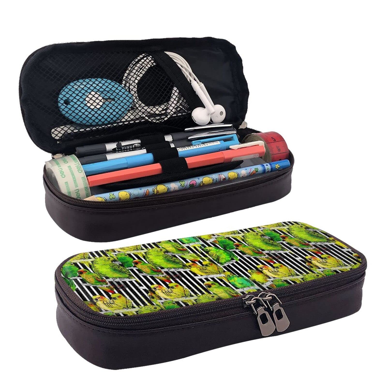 Watercolor Parrots Black Stripes Leather Zipper Pencil Pouch - Stylish Pen Case Holder for Office, School & Business - Perfect for Organizing Writing Tools, Makeup Brushes or Art Supplies