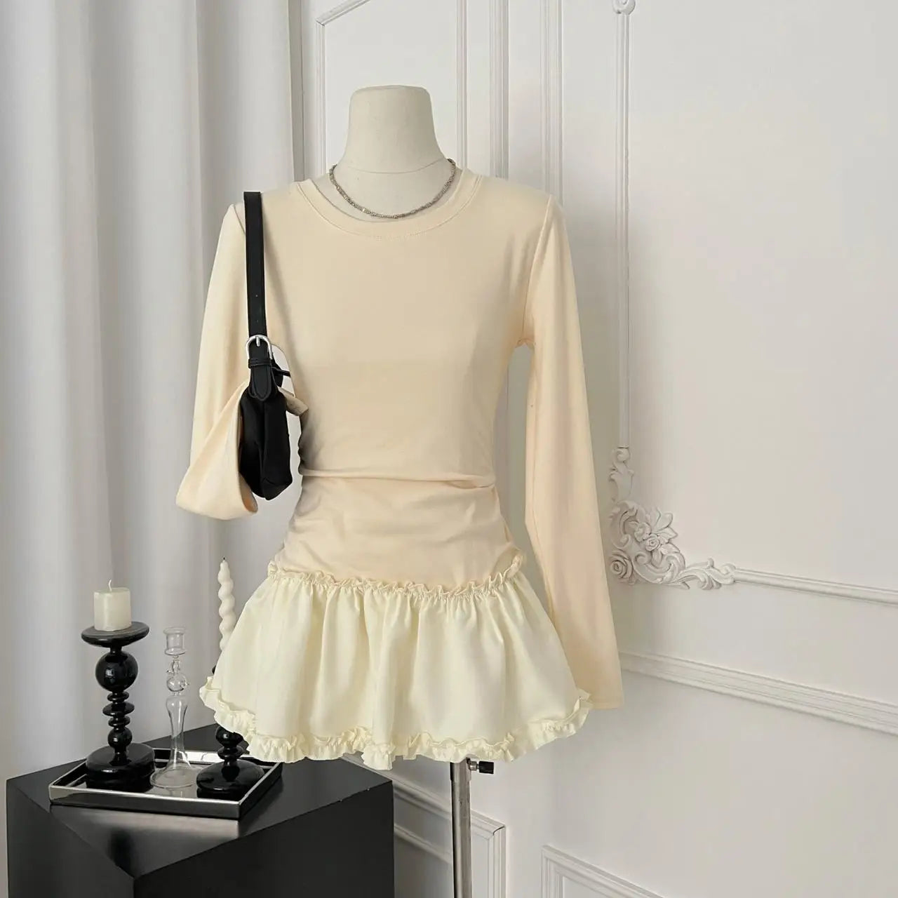 2024 Autumn Winter Women's Fashion Black & Beige Round Neck Long Sleeve Pleated Mini Dress with Ruffles - Elegant Sexy Short Dress for Party, Dating & Office Wear