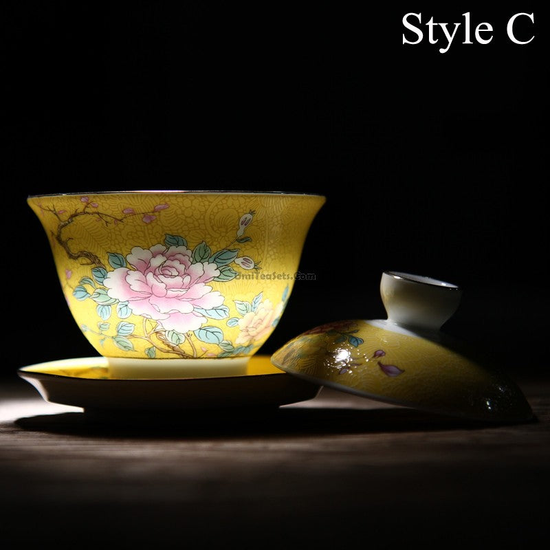 Premium Enamel Porcelain Flower Gaiwan Tea Set - Traditional Chinese Tea Cup with Lid & Saucer - Perfect for Gongfu Tea Ceremony, Home Decor, and Gift Giving