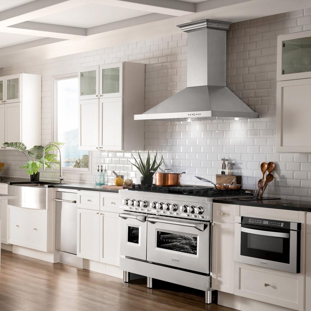 ZLINE 48-inch Stainless Steel Kitchen Package: Dual Fuel Range, Convertible Vent Hood, Microwave Drawer & Dishwasher - Professional 5KPR RARH48 MWDWV Set for Modern Home Cooking & Entertaining