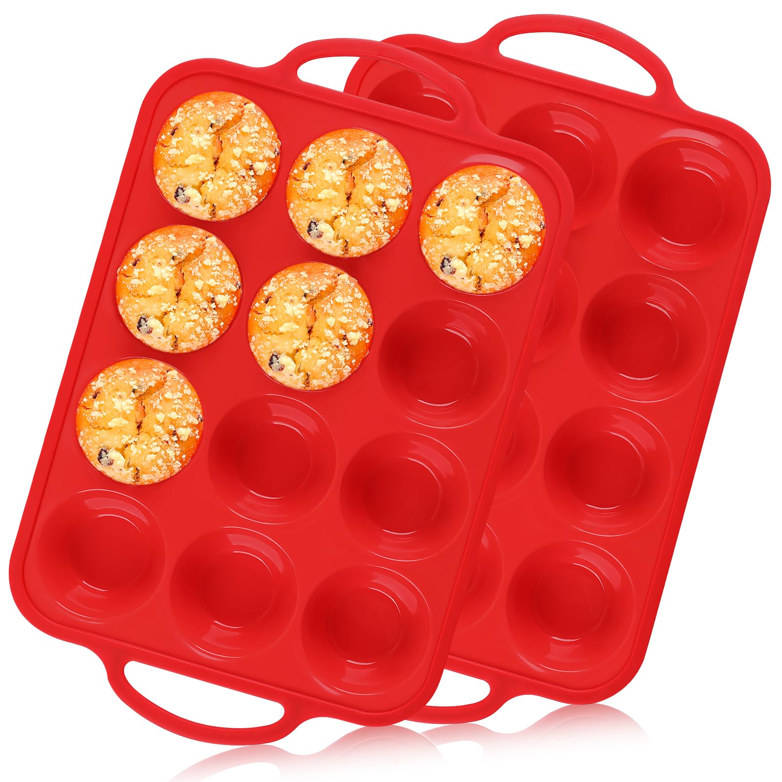 2-Pack Non-Toxic BPA-Free Silicone Muffin Pan with Metal Reinforced Frame - 12 Cup Regular Size Cupcake Baking Pan for Oven & Dishwasher Safe - Perfect for Home Baking, Party Treats & Holiday Desserts (Red)