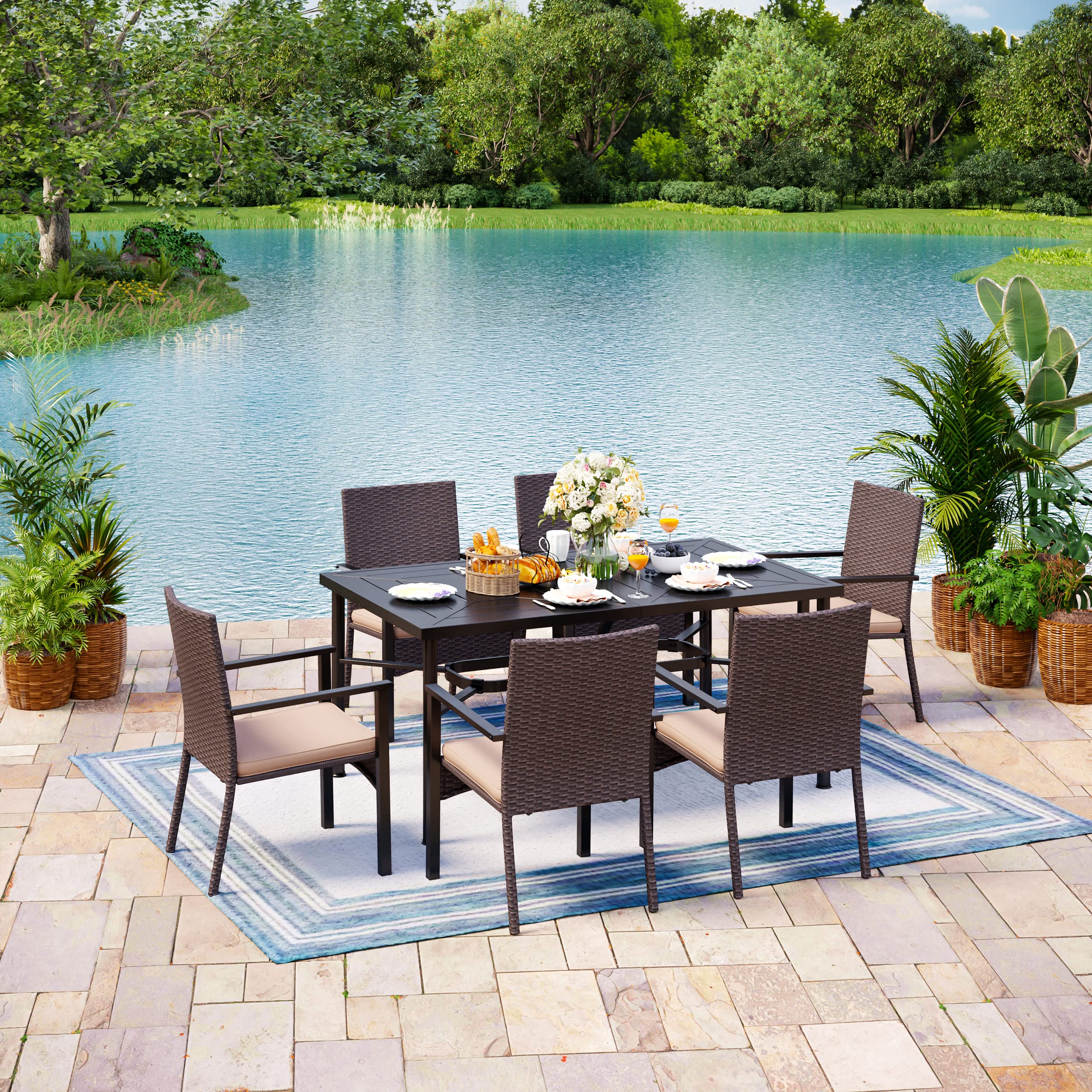 Outdoor Patio Dining Table with Umbrella Hole - 6-Person Metal Table for Lawn, Garden, Backyard & Porch | Perfect for Summer BBQs, Family Gatherings & Outdoor Entertaining