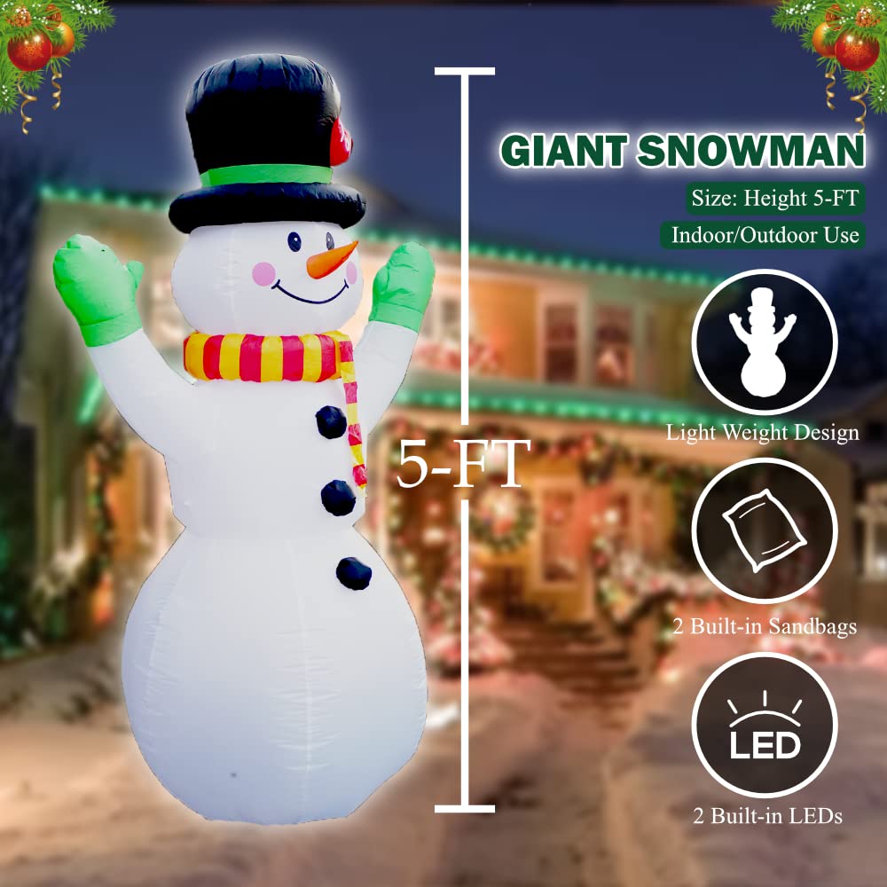 5 ft Inflatable Snowman with LED Lights & Pump - Indoor/Outdoor Christmas Decoration for Garden, Lawn, Playground, Courtyard | Perfect for Holiday Parties, Winter Festivals & Home Decor
