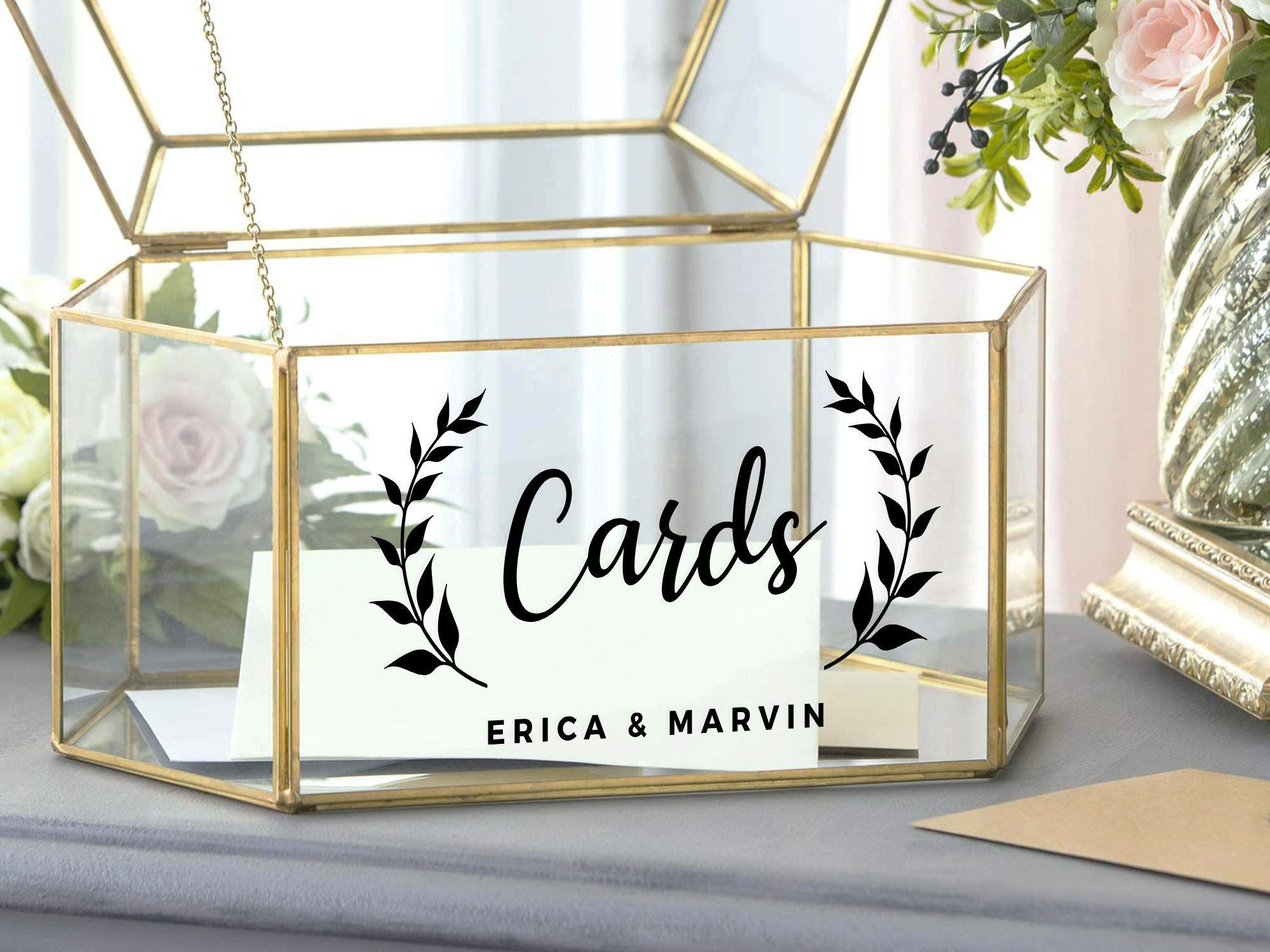 Custom Wedding Card Box Vinyl Decal with Wreath Leaves & Couples Names - Elegant Decorative Sticker for Wedding Cards & Gift Boxes - Perfect for Wedding Receptions, Bridal Showers & Anniversary Celebrations