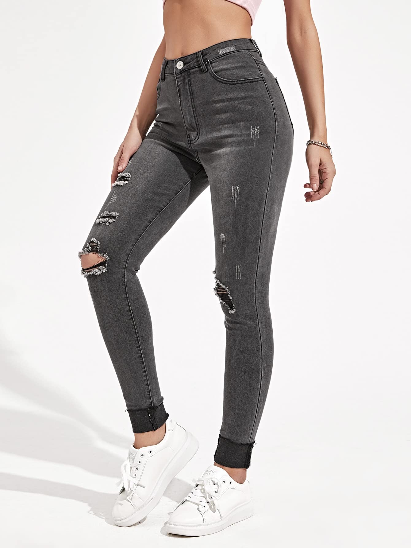 Floerns Women's Skinny Ripped Jeans - Stretch Slim Fit Pencil Denim Pants for Casual Wear & Night Out | High Waist Distressed Jeans for Women