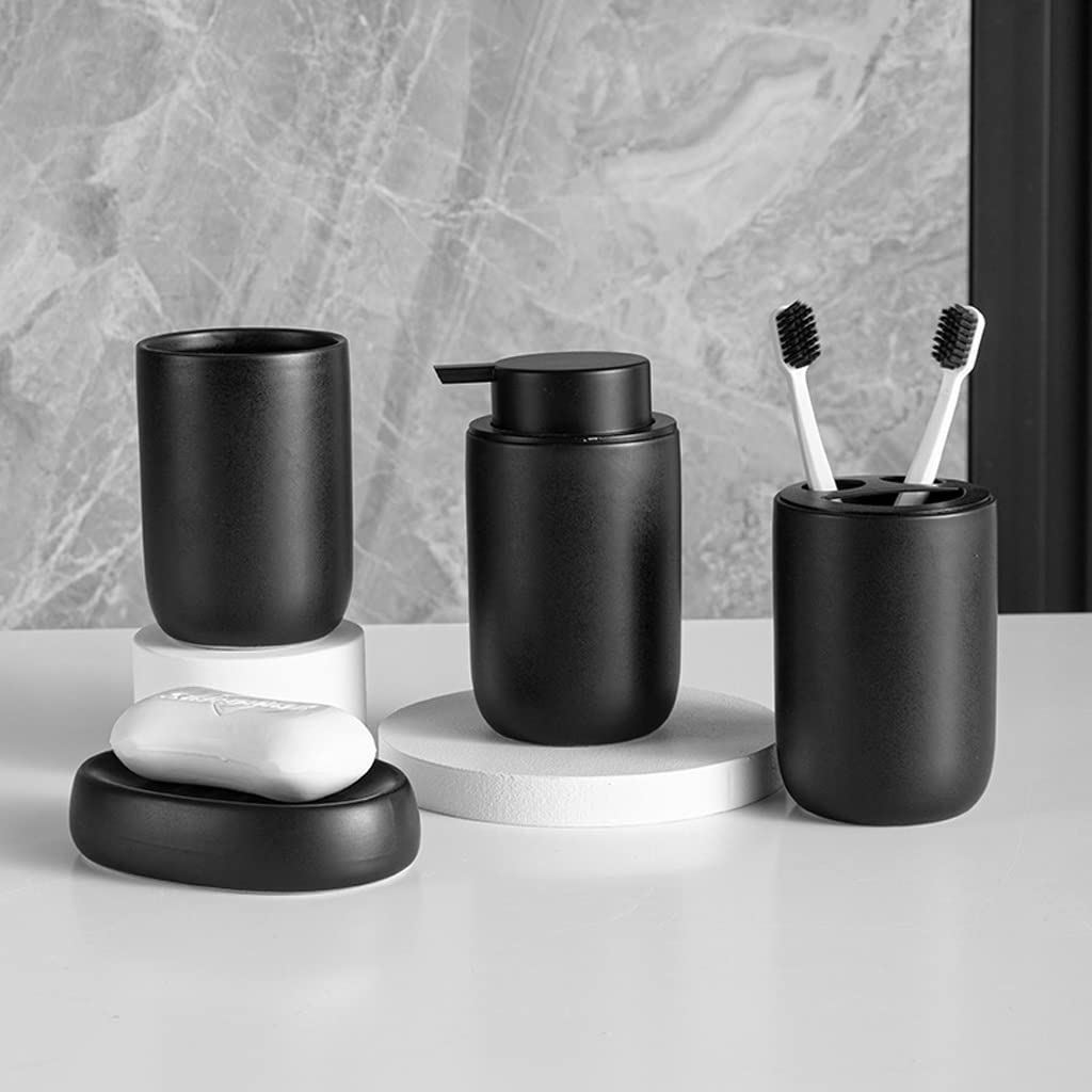 Premium Black Ceramic Bathroom Set - Liquid Soap Dispenser, Toothbrush Holder & Soap Dish | Modern Shampoo Bottle Organizer for Sink Countertop | Perfect for Home, Hotel & Spa Decor