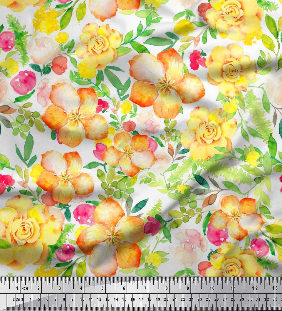 Soimoi Viscose Chiffon Fabric - Watercolor Floral & Leaves Print - 42 Inch Wide Sewing Material for Dresses, Scarves & DIY Crafts