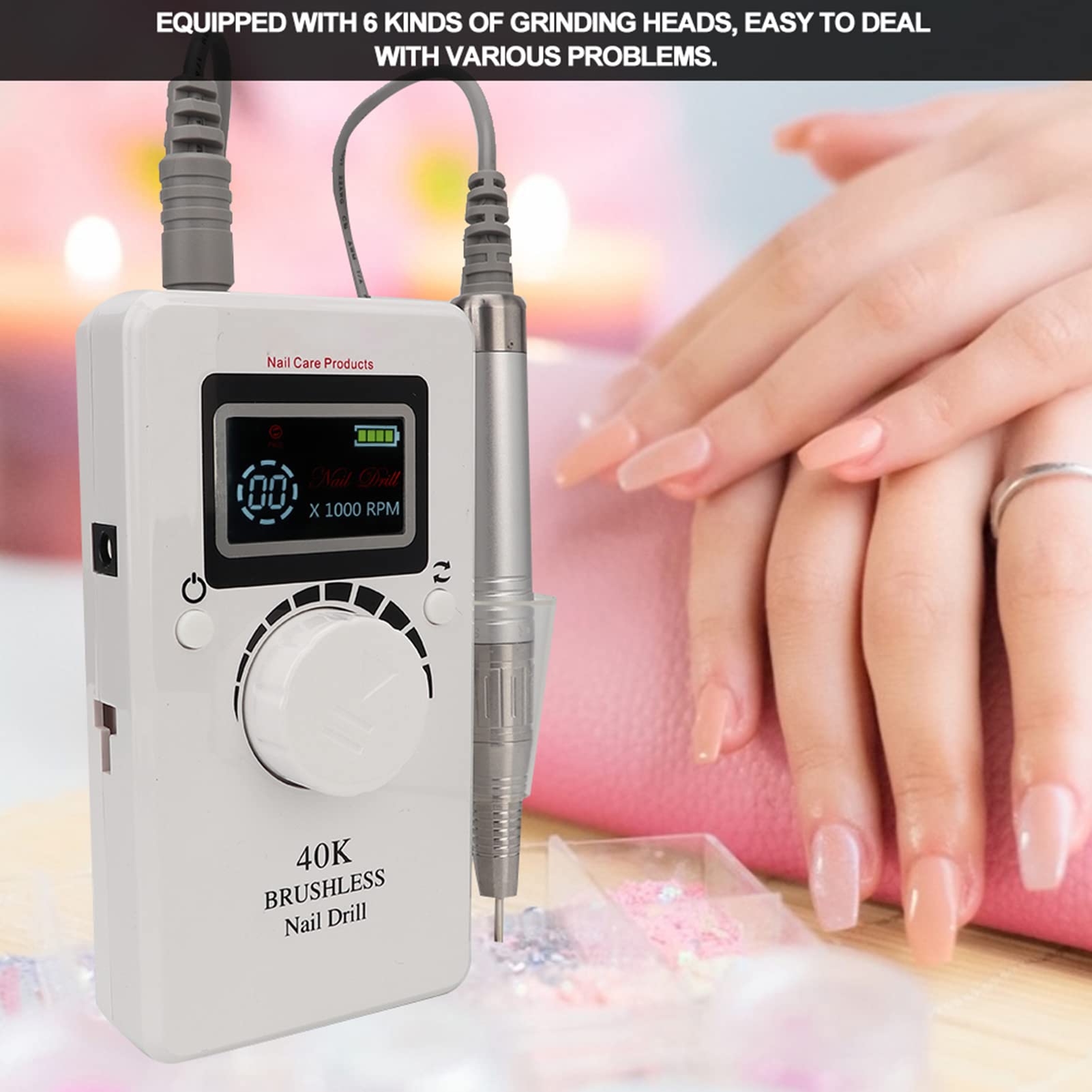 Professional Electric Nail Drill Kit - 40000 RPM Portable Nail Grinding Machine for Acrylic Nails, Manicure & Pedicure | Perfect for Nail Salon, Home DIY & Professional Use | Rechargeable Nail File with Multiple Attachments (US Plug)
