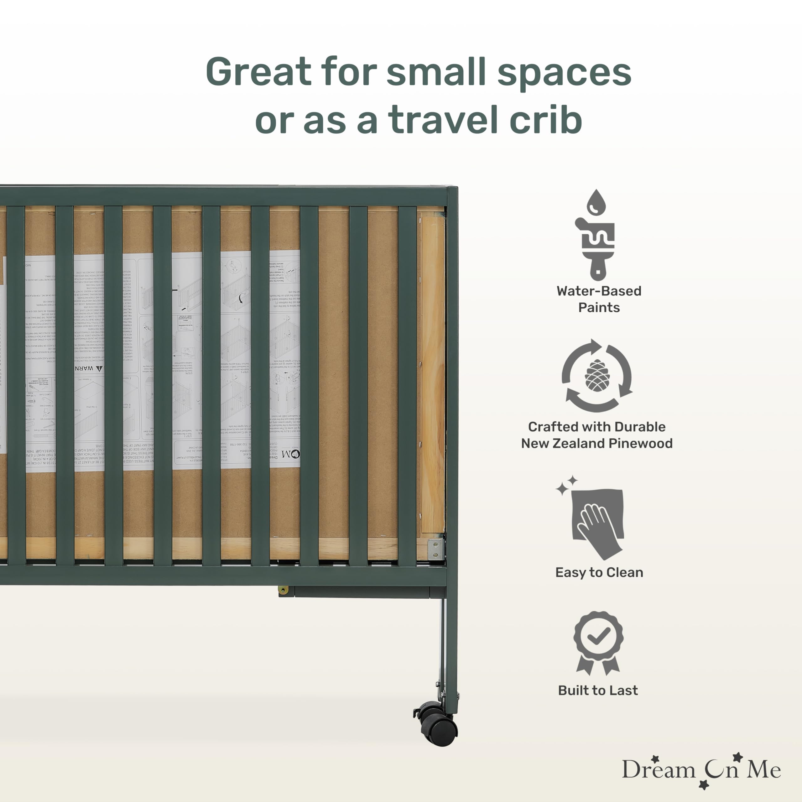 Dream On Me Quinn Full-Size Folding Crib - Olive Green | Removable Wheels & Adjustable Mattress Support | Modern Nursery Essential | Portable Baby Bed with Patented Folding System | Perfect for Travel, Small Spaces & Guest Rooms