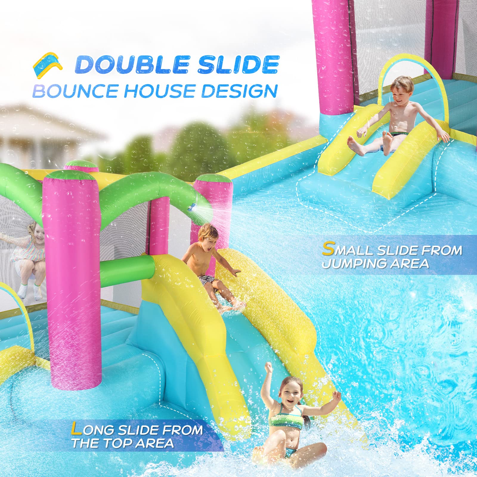 JOYMOR Inflatable Bounce House with Double Water Slide for Kids Ages 3-10 | Outdoor Water Play with Splash Pool, Water Cannons & Ring Toss Games | Indoor/Outdoor Bouncy Castle with Air Blower | Perfect for Backyard Parties, Summer Fun & Birthday Celebrations
