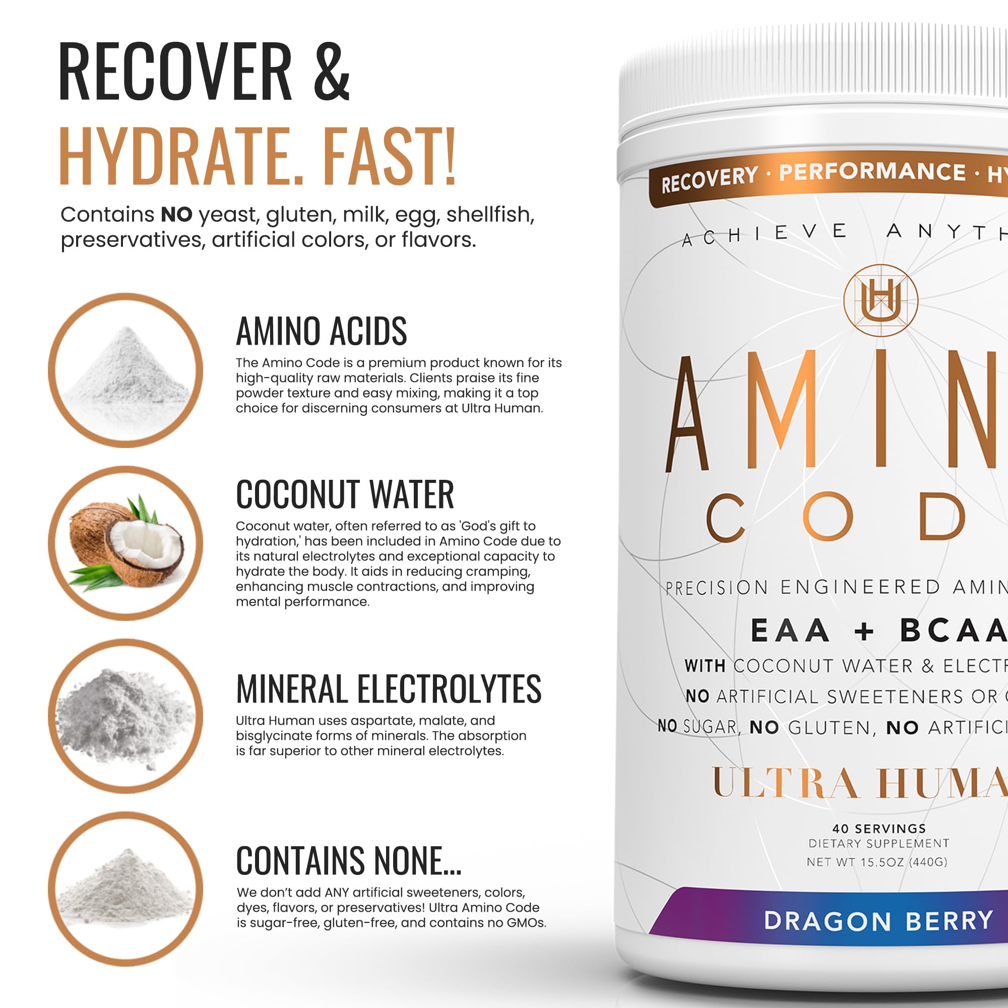 Amino Code Essential Amino Acids + BCAAs + Coconut Water Electrolytes Powder | Fast Hydration & Workout Recovery Supplement | Dragonberry Flavored Energy Drink Mix | Clean Formula, 40 Servings | Post-Workout, Gym & Athletic Performance Booster