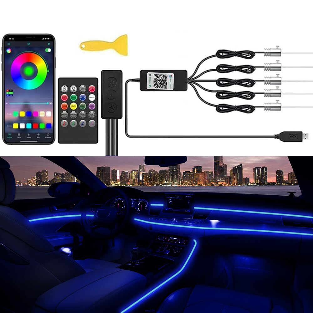TEKSHINNY RGB Car Interior LED Strip Lights - Wireless APP & Remote Control, 5-in-1 Fiber Optic Ambient Lighting Kit (236 Inches) for Cars, Trucks & SUVs | Perfect for Night Driving, Car Parties & Custom Interior Lighting